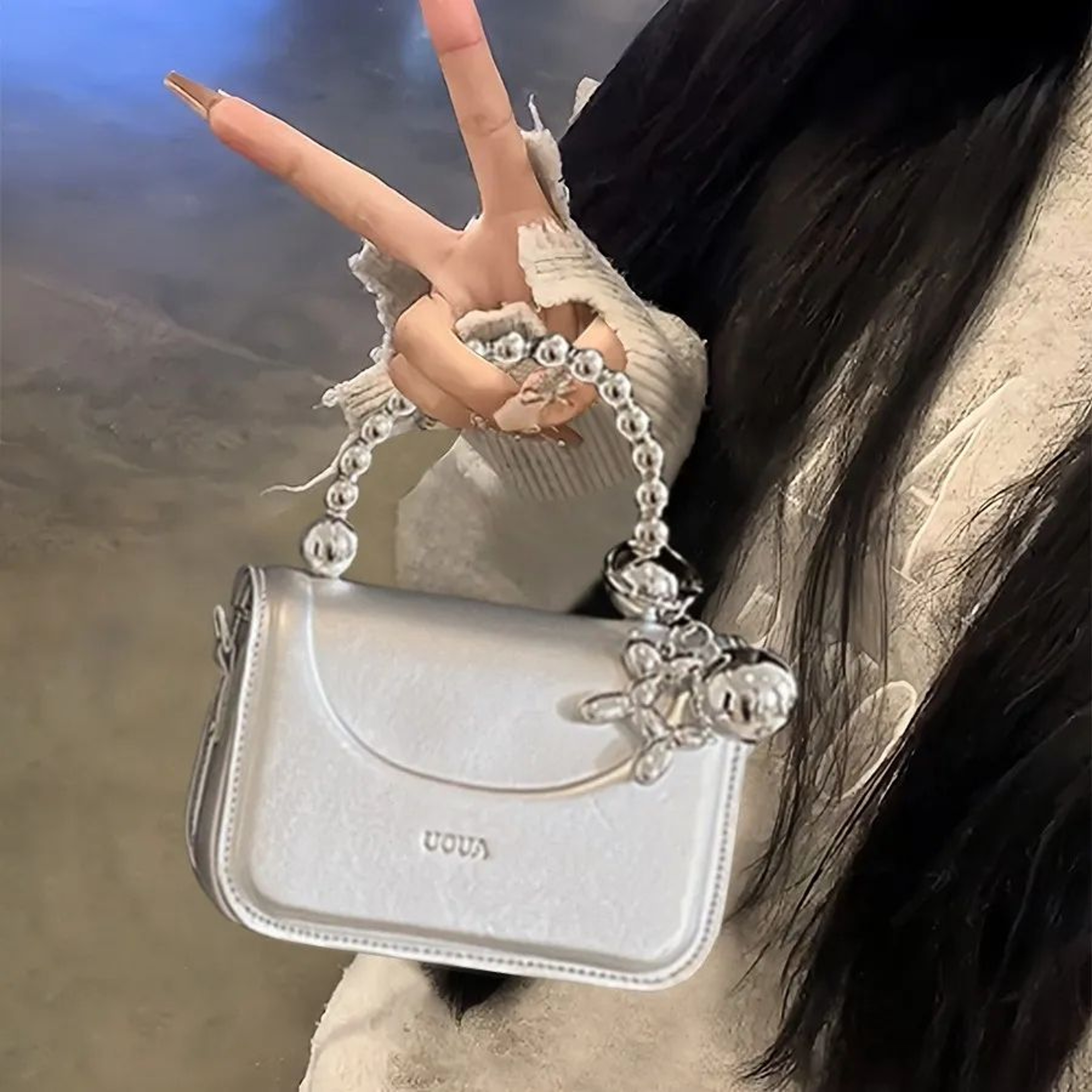 Women Beaded Shoulder Bag Solid Color Crossbody Handbag 0