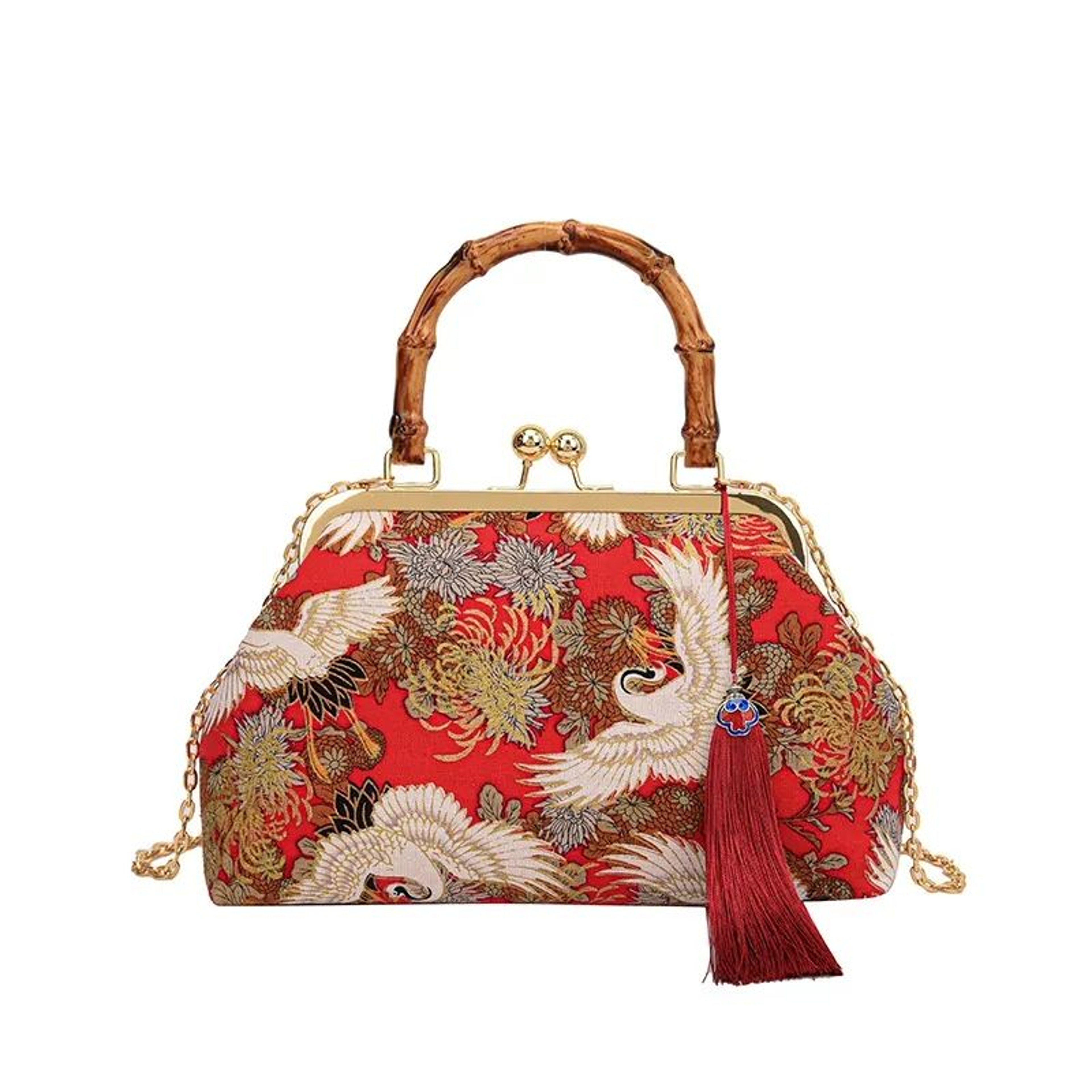Embroidered KissLock Crossbody Handbag With Vintage Chain Strap 0
