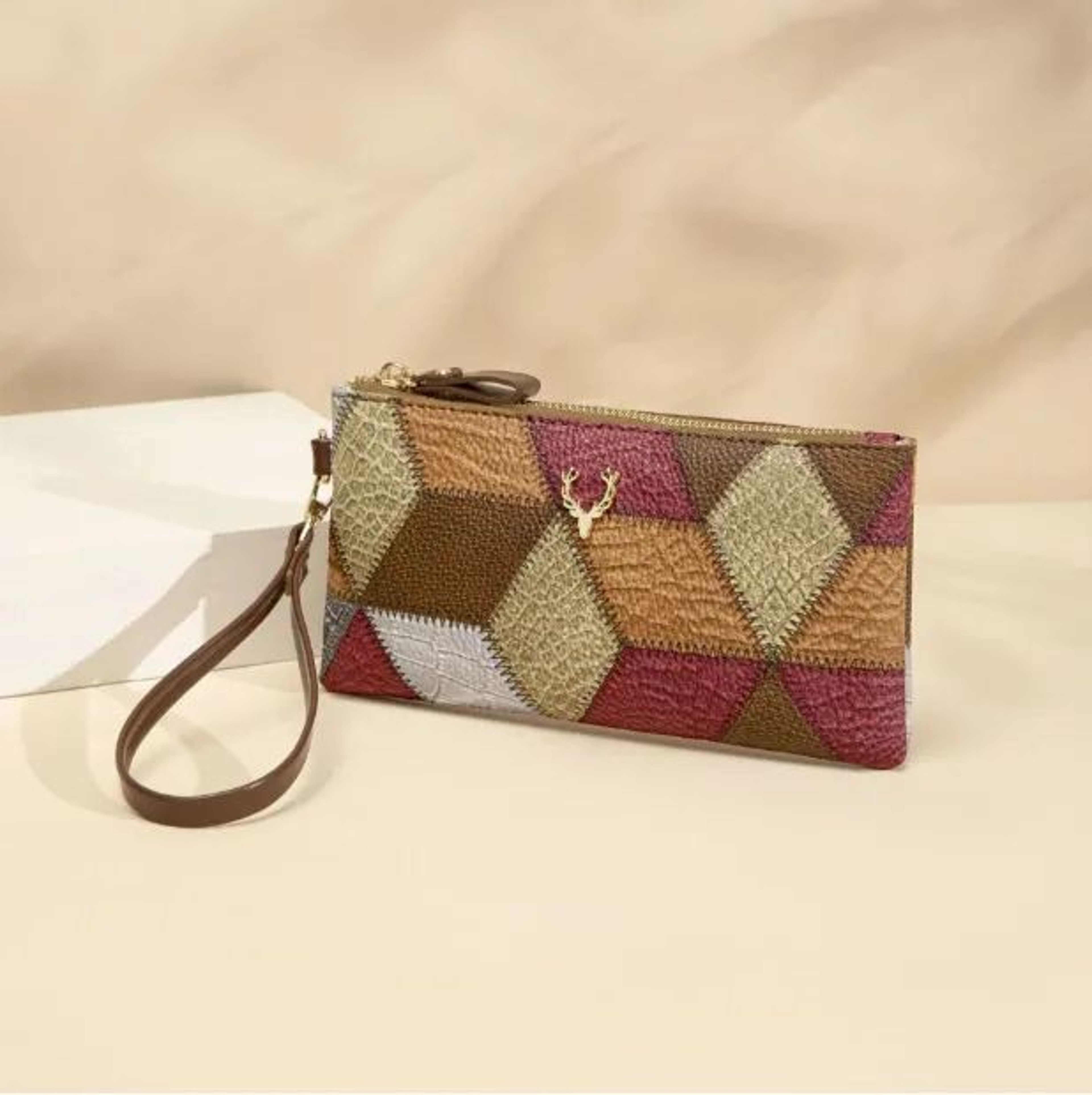 Women Retro Color Block Small Square Zipper Clutch Purse 0