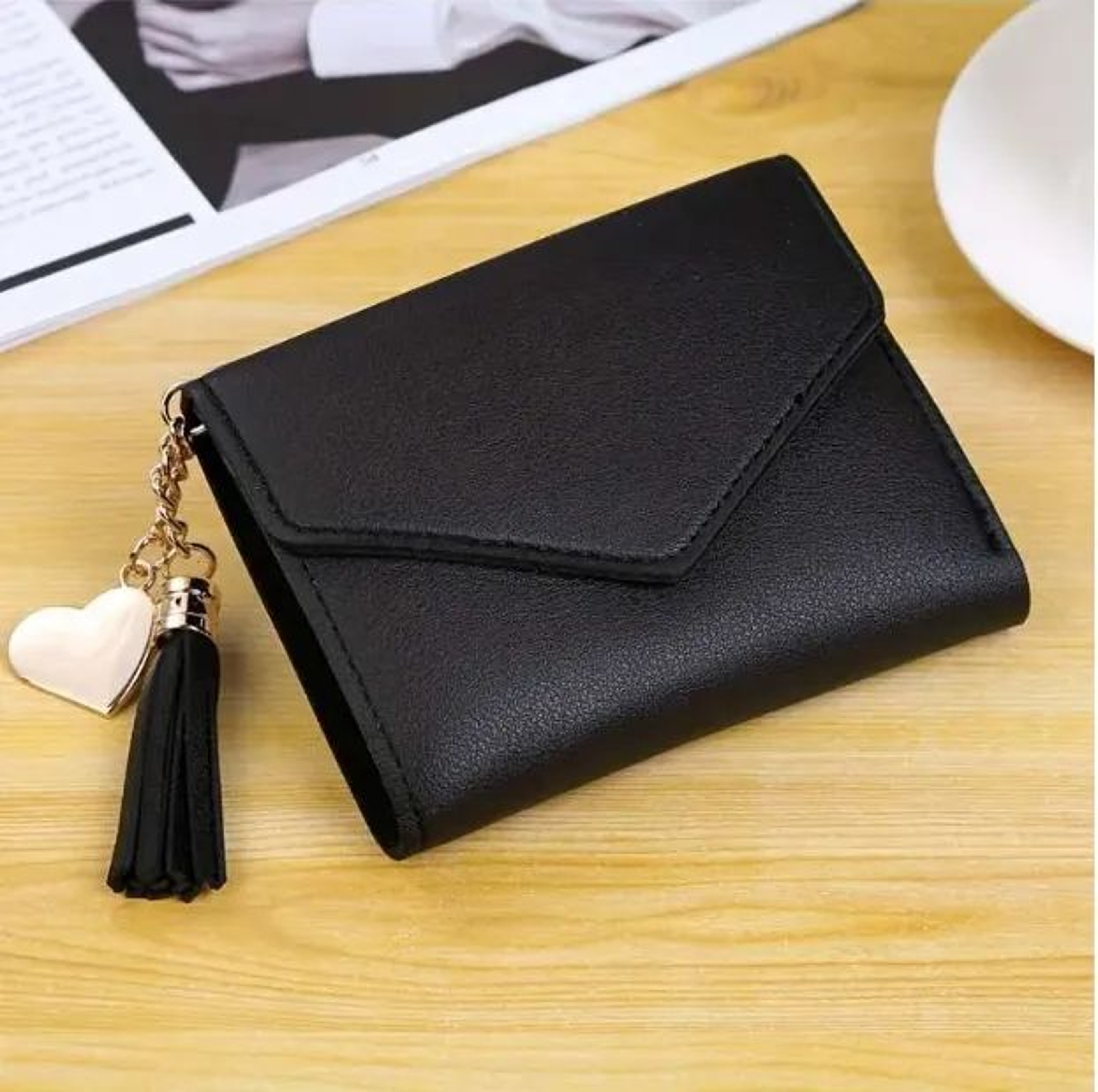 Heart Charm Tassel Wallet Compact Patchwork Coin Purse For Women 3