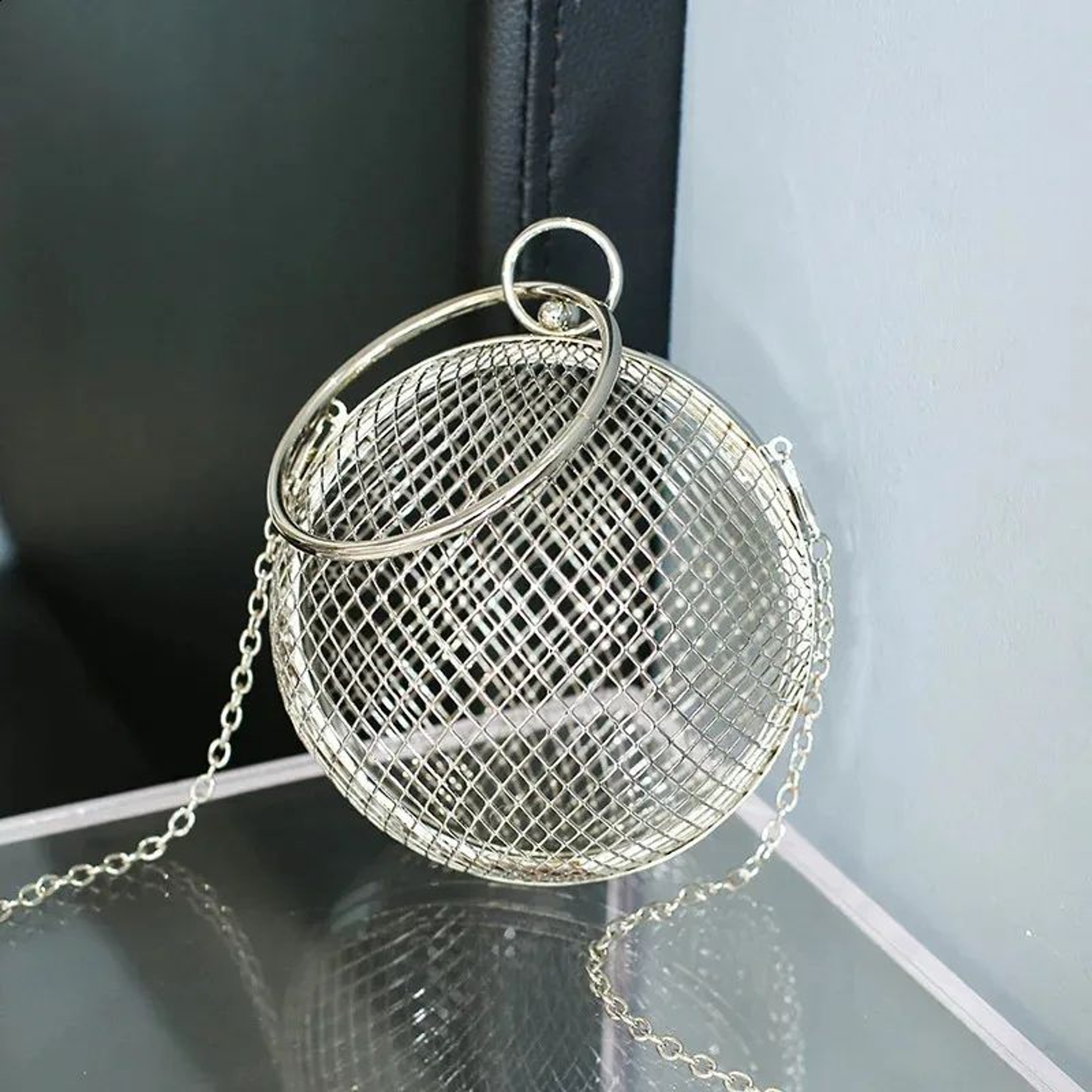 Womens Spherical Mesh Handbag With Metal Alloy Top Handle For Parties And Weddings 0