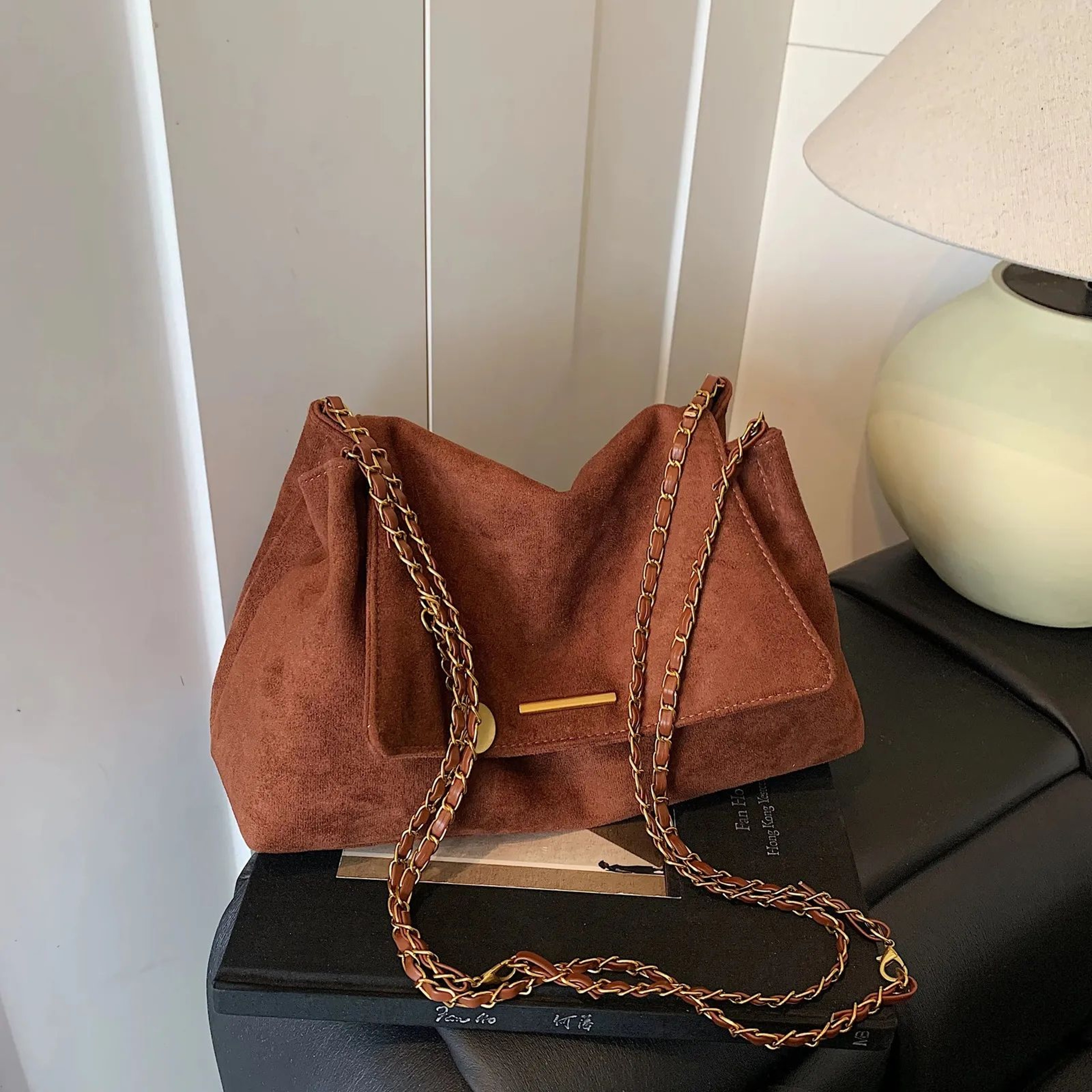 Womens Suede Tote Bag With Adjustable Chain Strap And Top Handle 1