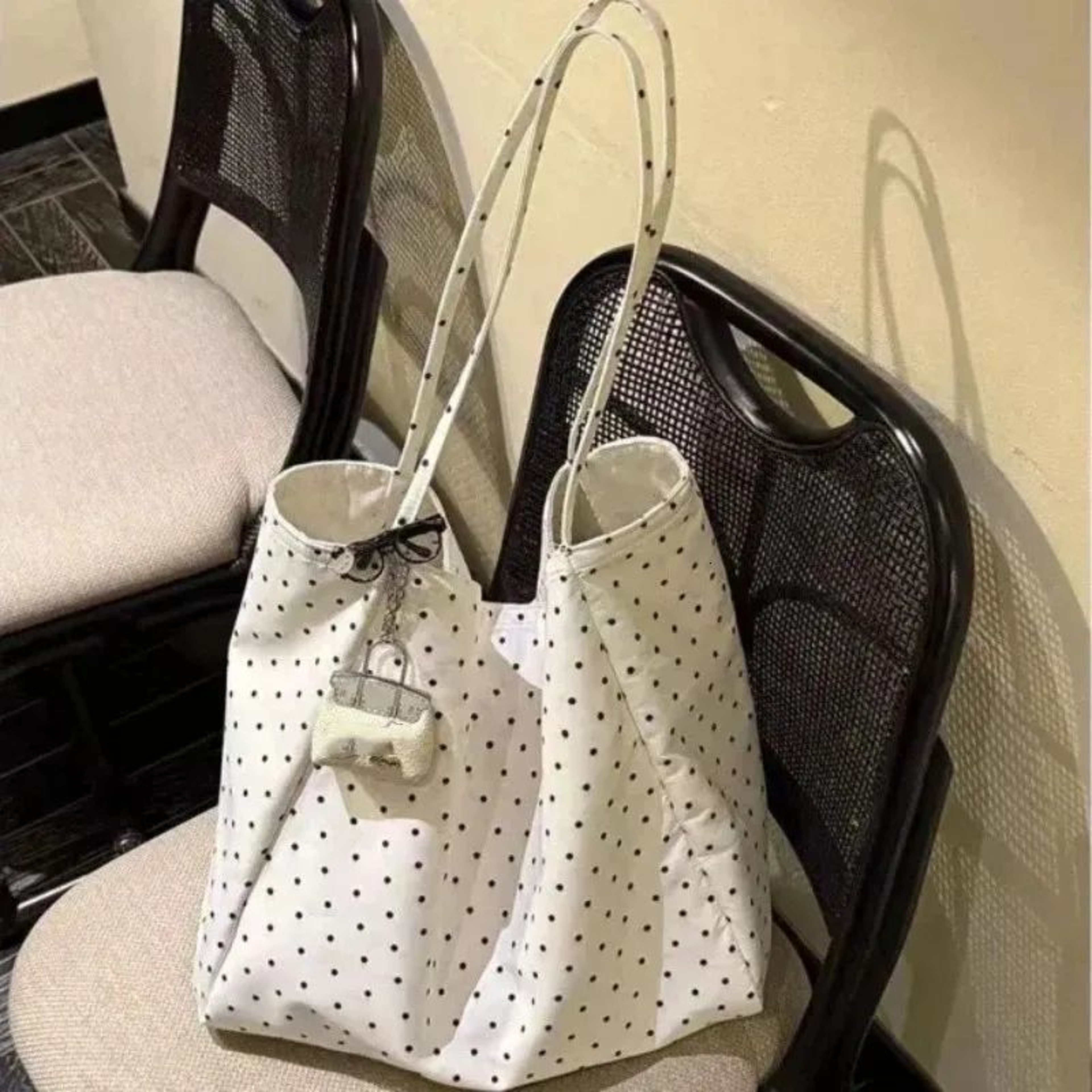 Womens Polka Dot Canvas Tote Bag Lightweight Casual Shoulder Bag 2