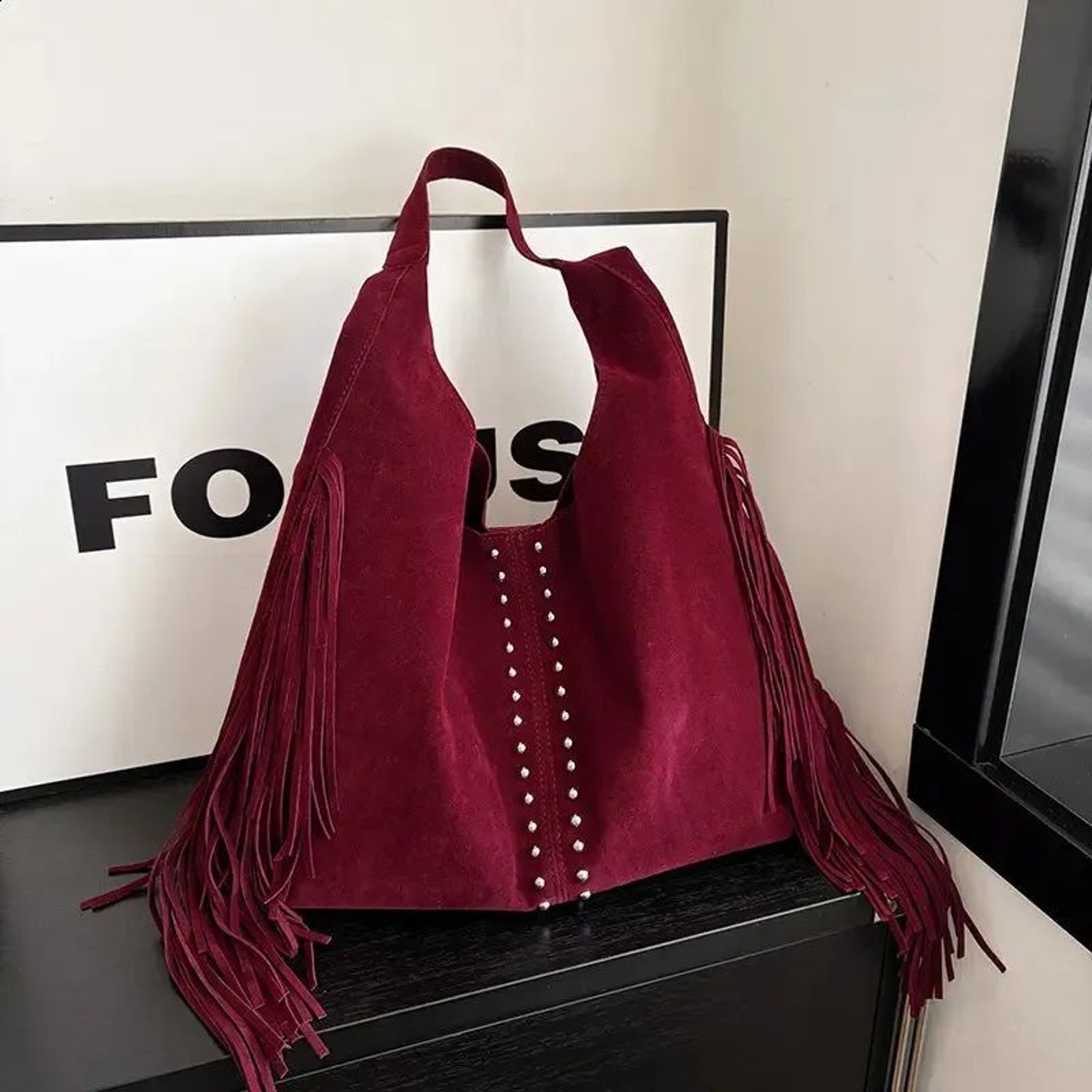 Womens Retro Fringe Tote Bag With Rivet Accents And Large Capacity 2