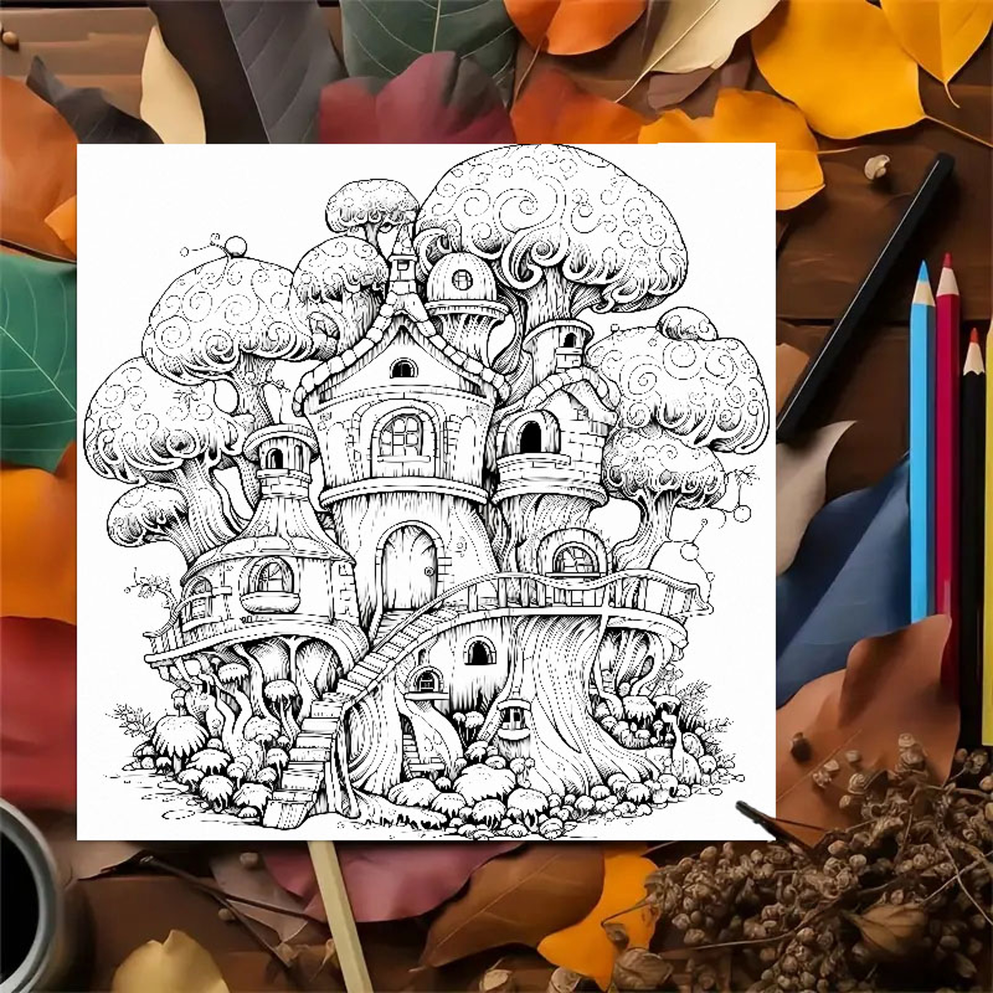 Fantasy Tree House Coloring Book for Adults, Relaxing Art Therapy Sketchbook with Hand Drawn Pages, for Colored Pencils – view 4
