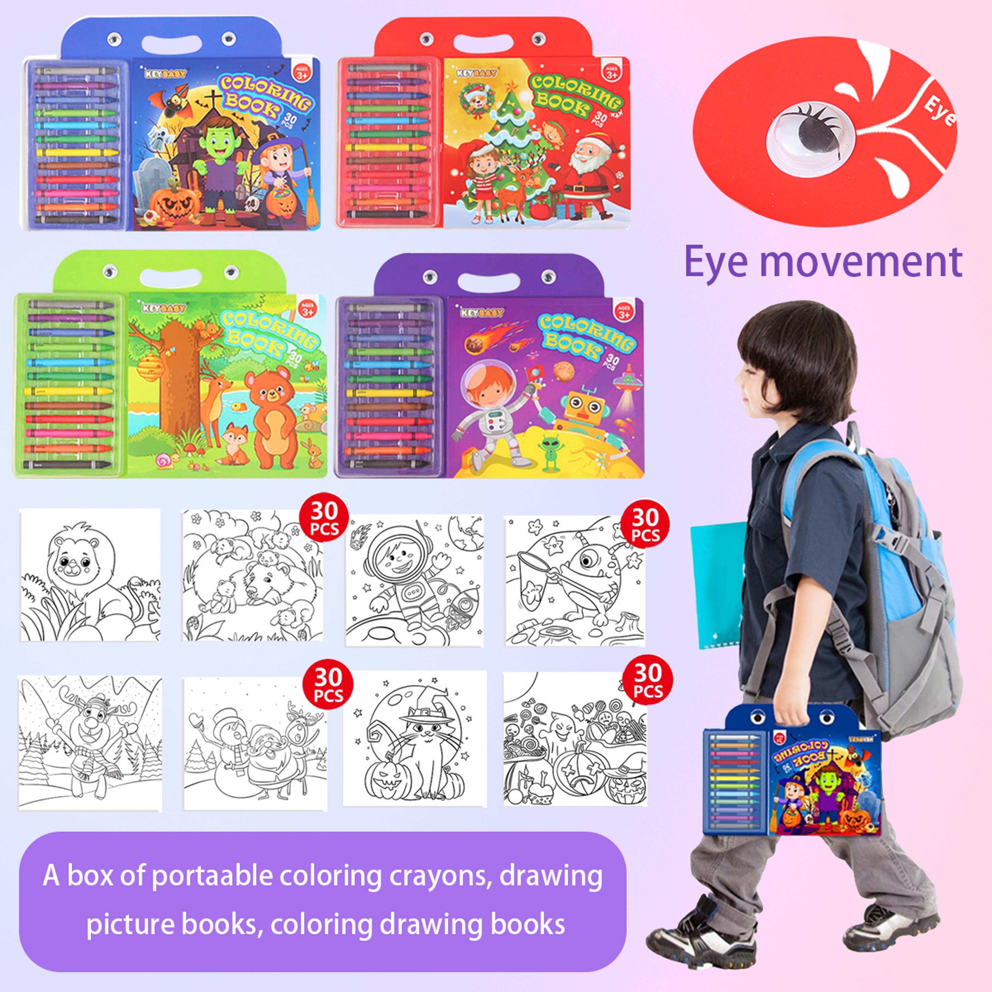 Childrens Coloring Book Set, Drawing Book with Colorful Crayon, Christmas, Halloween, Animal, Space Edition – view 5