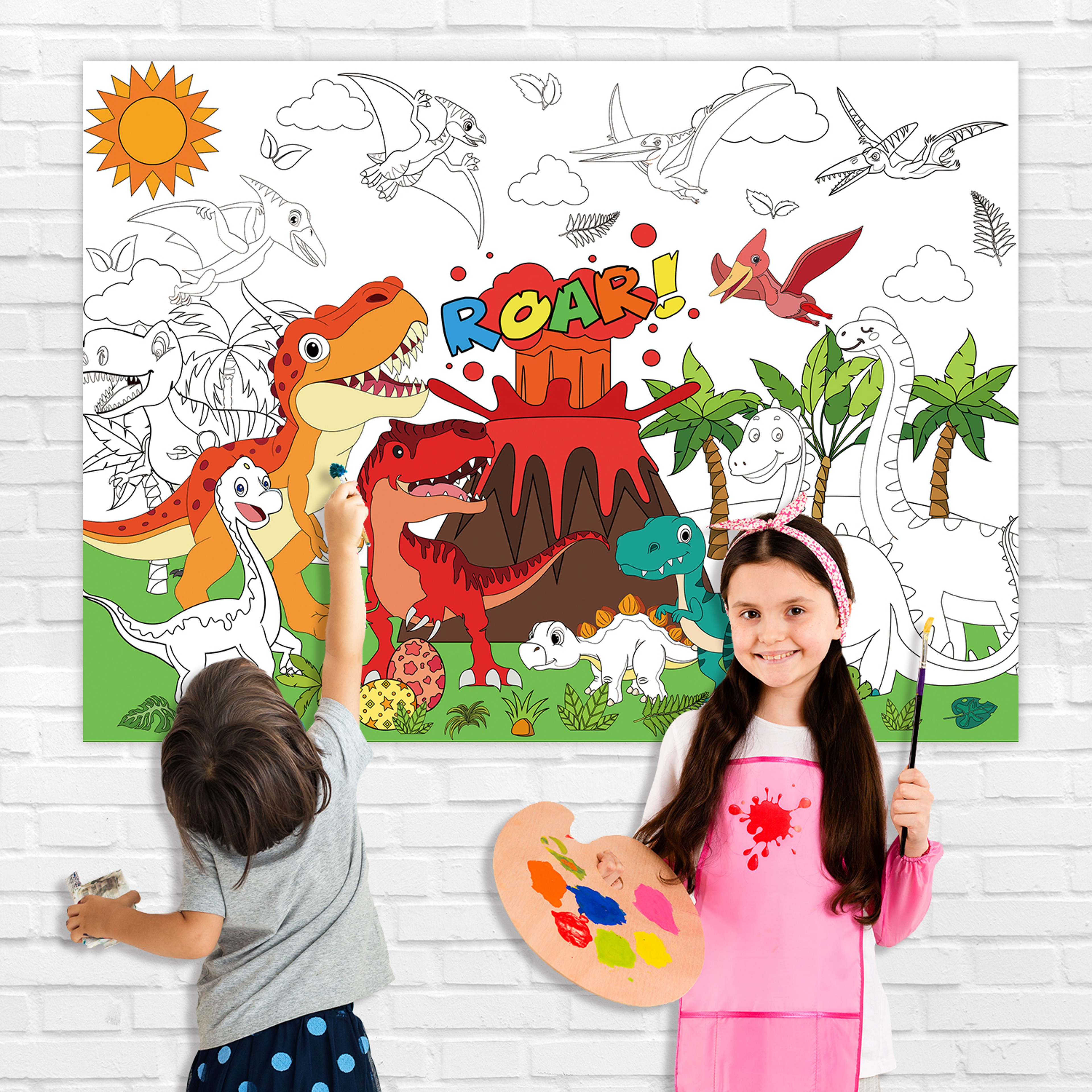 Dinosaur World Coloring Tablecloth, Large Kids Activity Mat, Birthday Party Supplies, Creative Gift and Favor – view 1