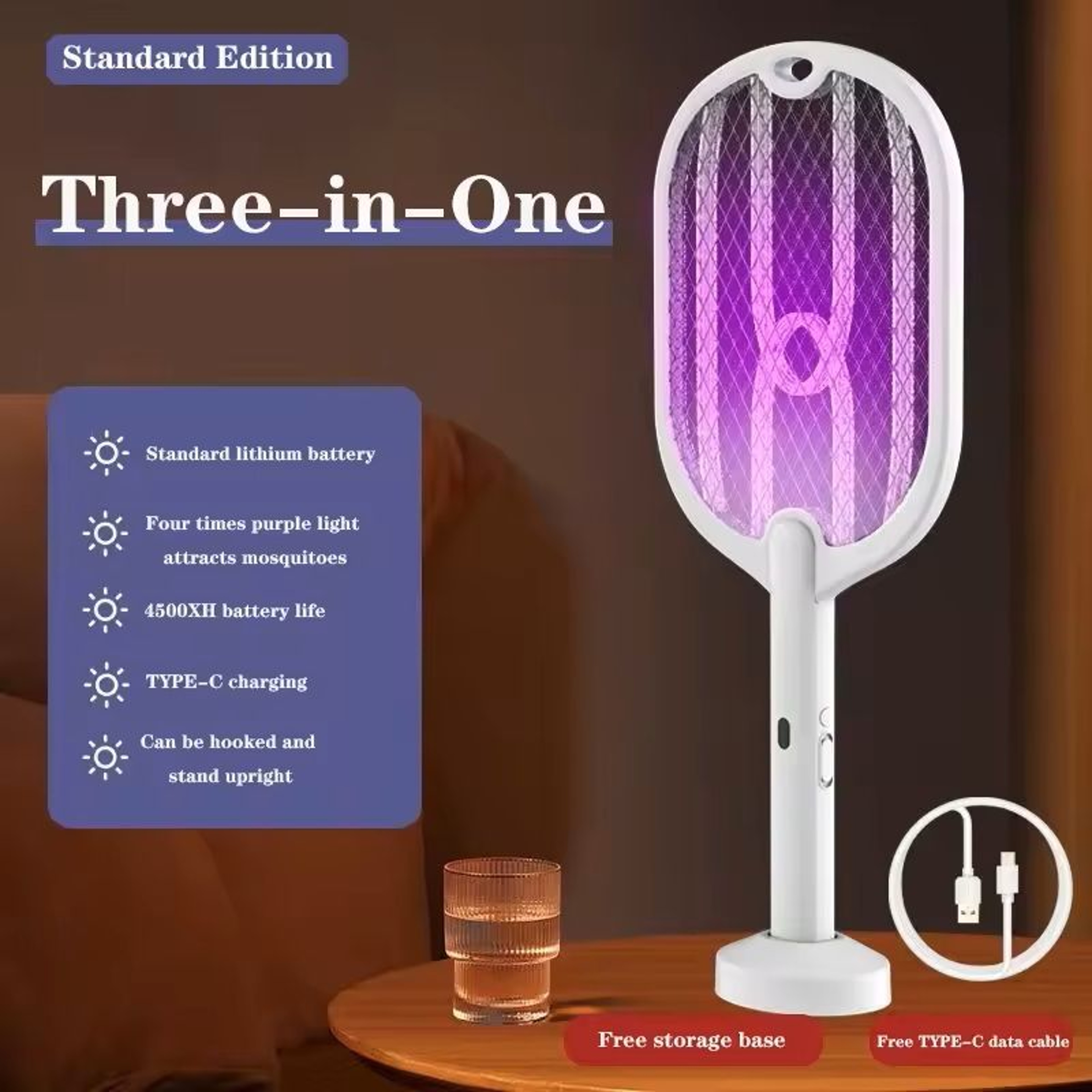3 In 1 Rechargeable 3000V Mosquito Swatter And Killer Lamp 2