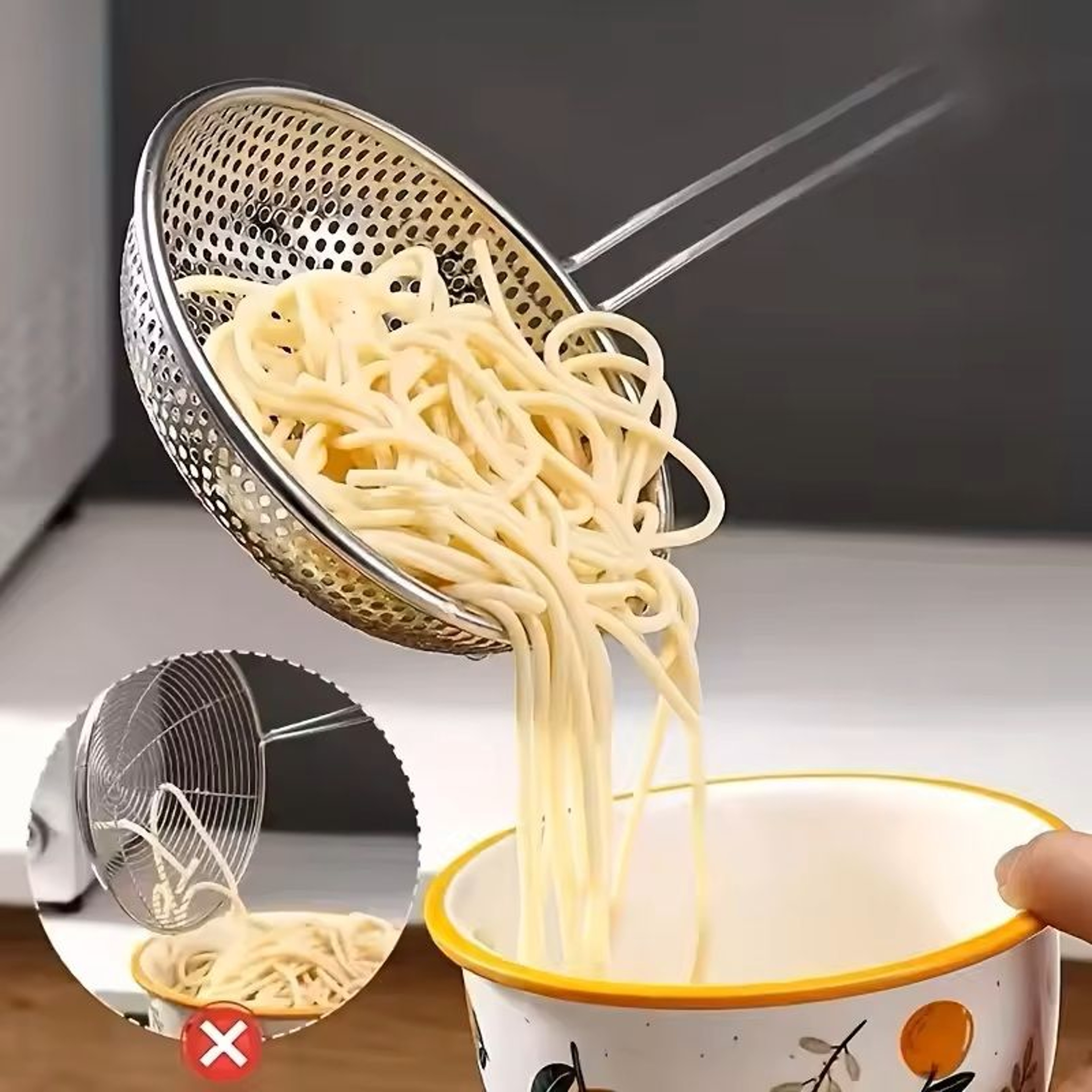 Stainless Steel FineMesh Skimmer Spoon With Wooden Handle For Pasta  Grease Straining 0