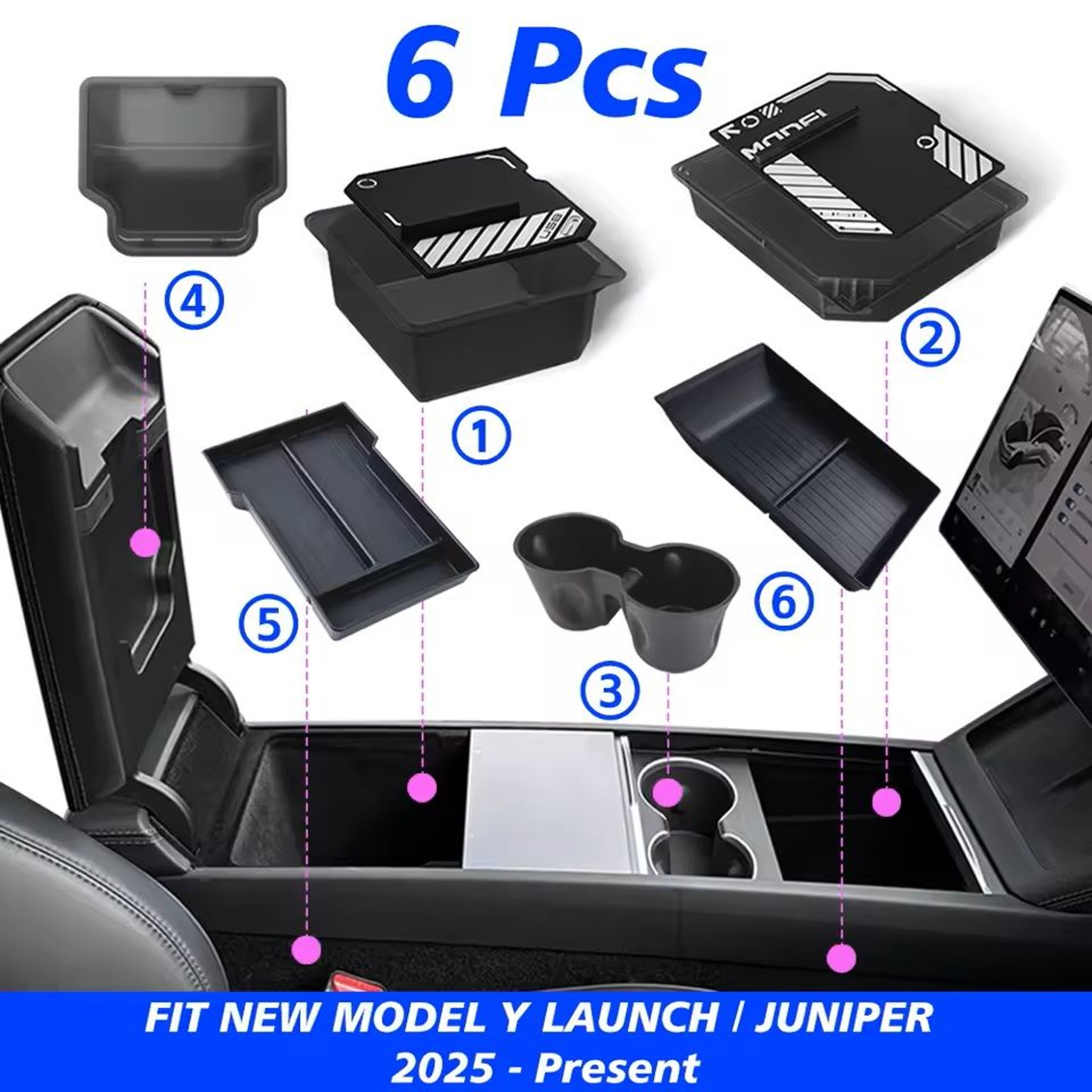 MaxStore Console  Armrest Storage Box For Tesla Model Y 2025 Juniper  ABS Organizer With Silicone A 16
