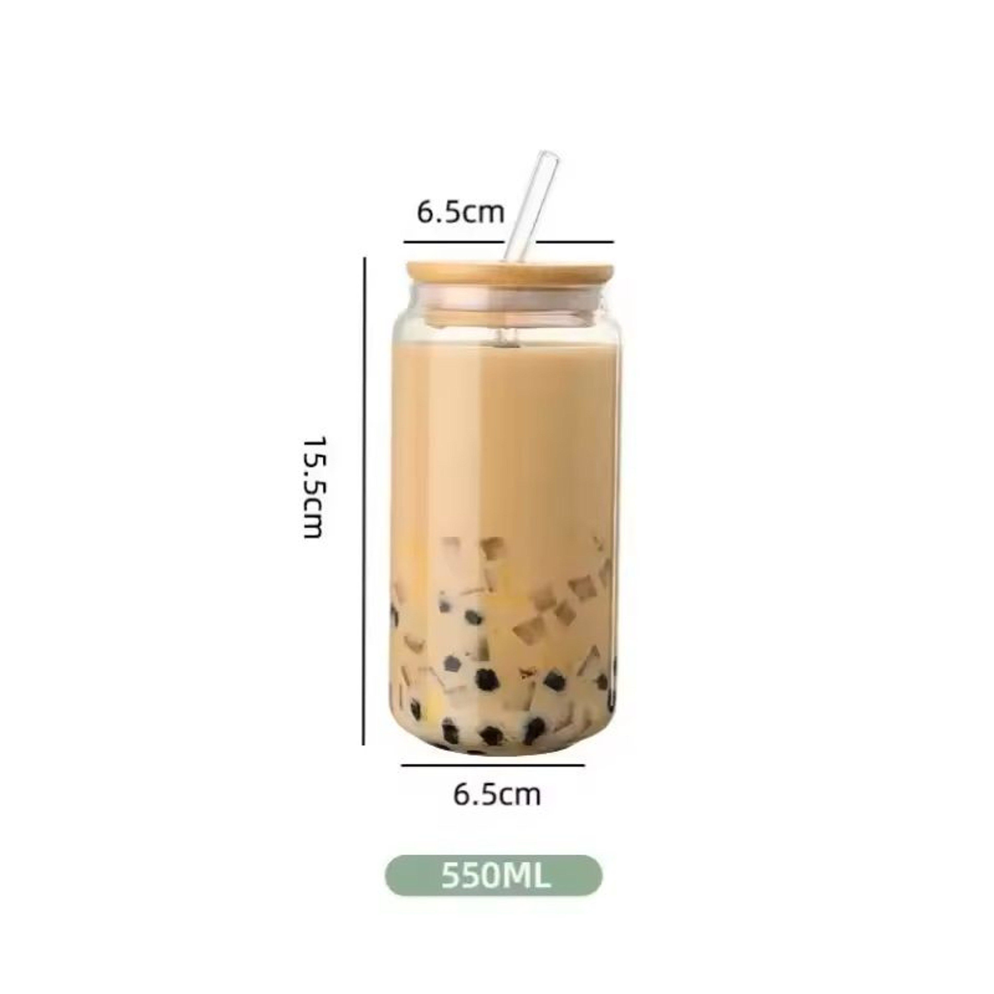 550 Ml Glass Travel Cup With Wooden Lid  Straw  Transparent Bubble Tea  Cocktail Mug 0