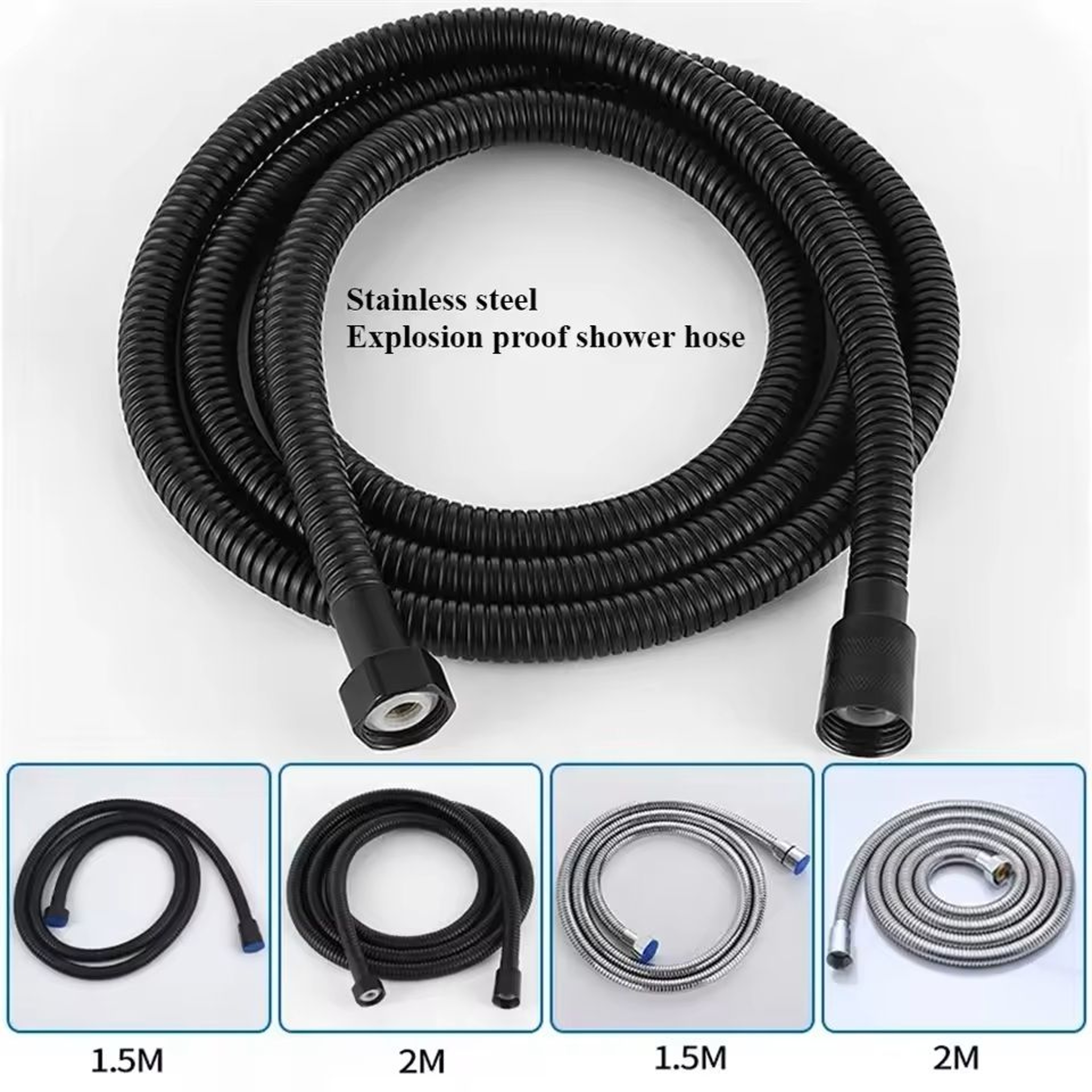 Flexible SUS 304 Stainless Steel Shower Hose  15 M  2 M Black  Silver Bathroom Extension Pipe 2