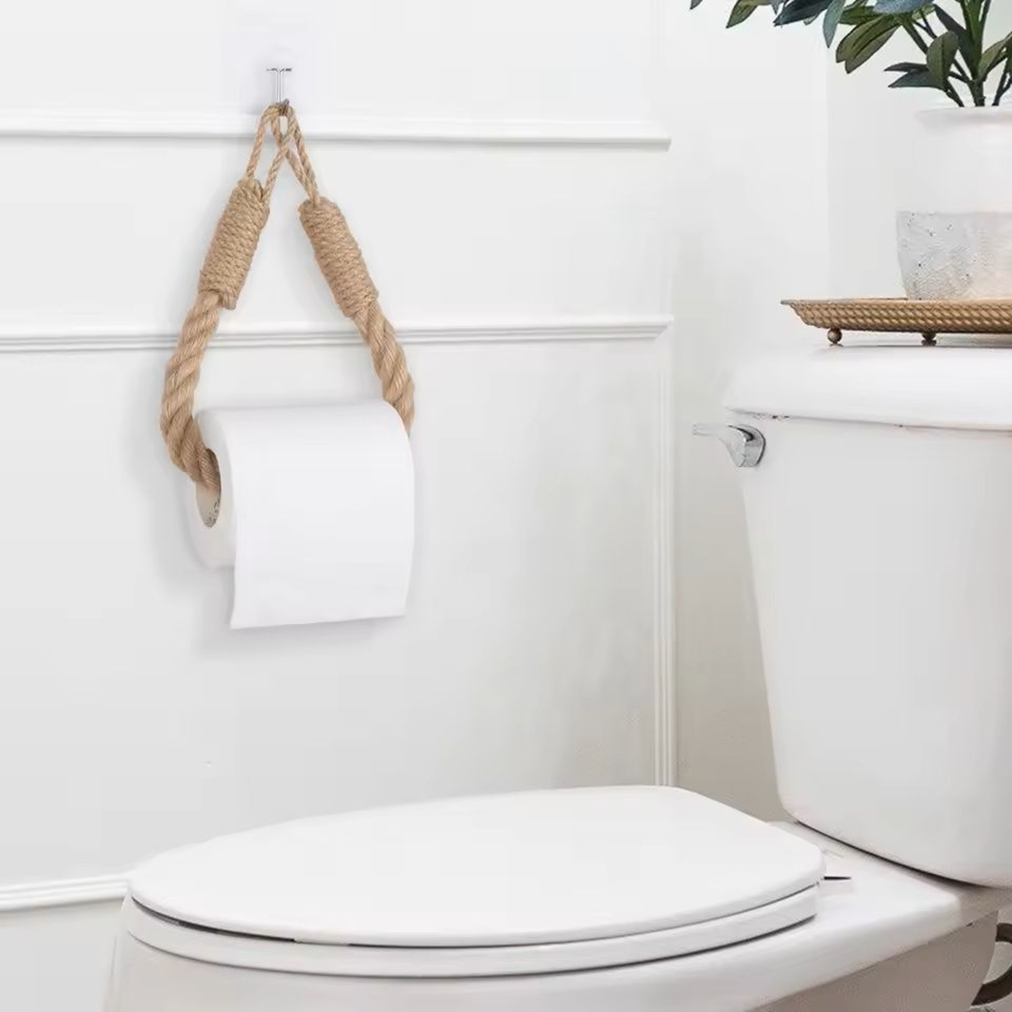 Hemp Rope  Wood WallMounted Tissue Holder  Rustic Bathroom Toilet Paper Rack  Storage Organizer 0