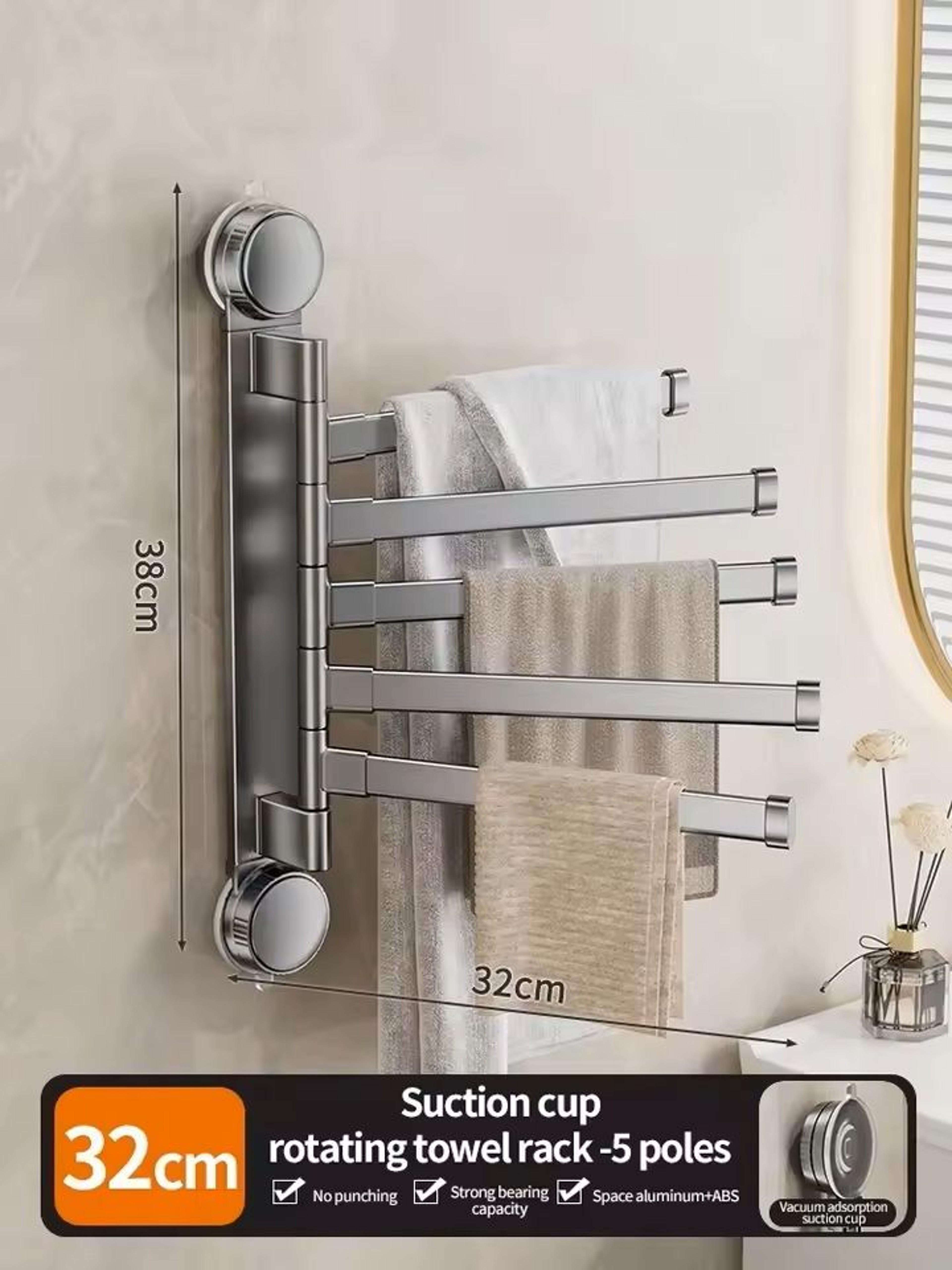 Suction Cup Rotating MultiBar Towel Rack NoDrill Folding Bathroom  Kitchen Organizer 10