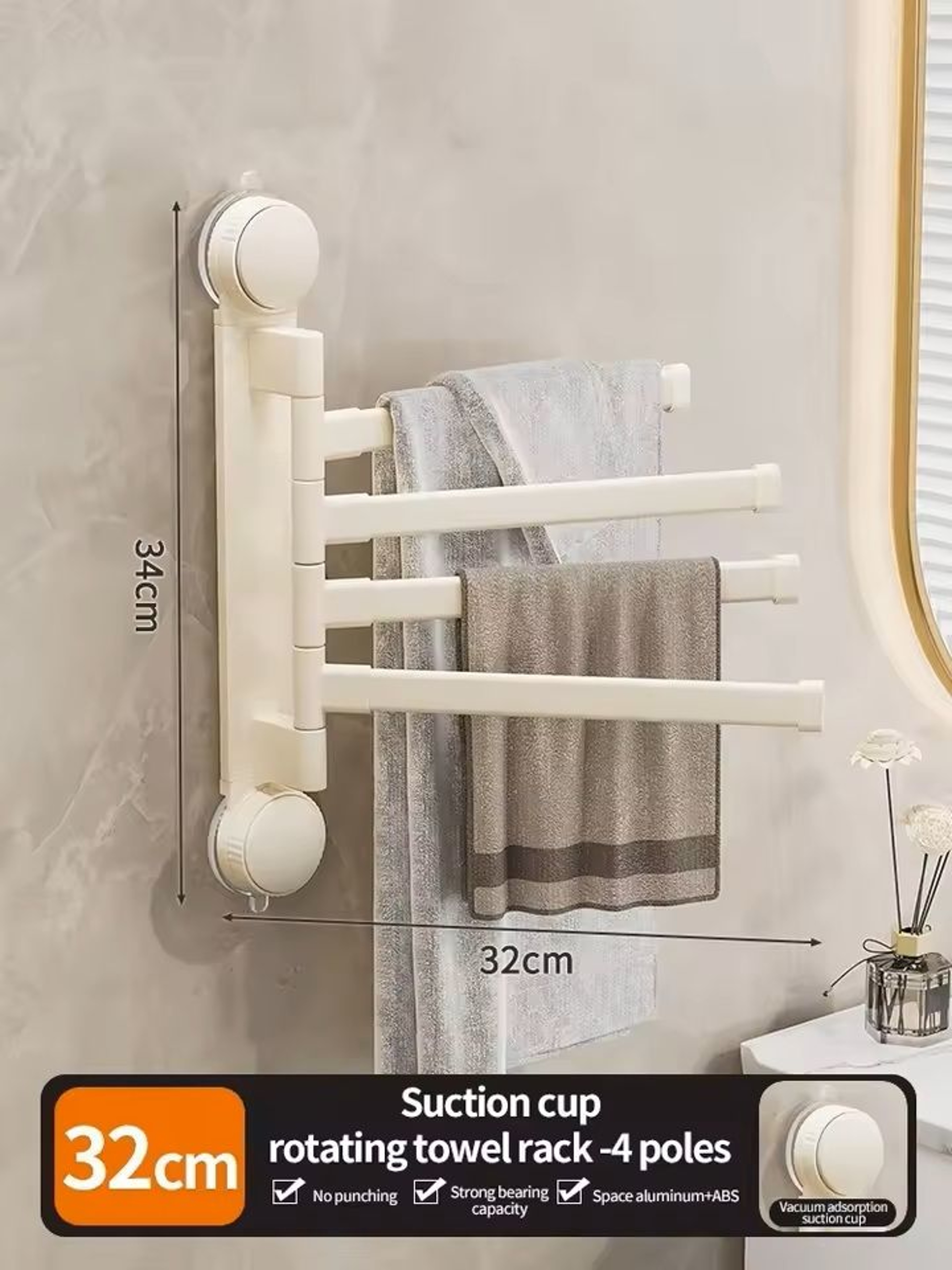 Suction Cup Rotating MultiBar Towel Rack NoDrill Folding Bathroom  Kitchen Organizer 13