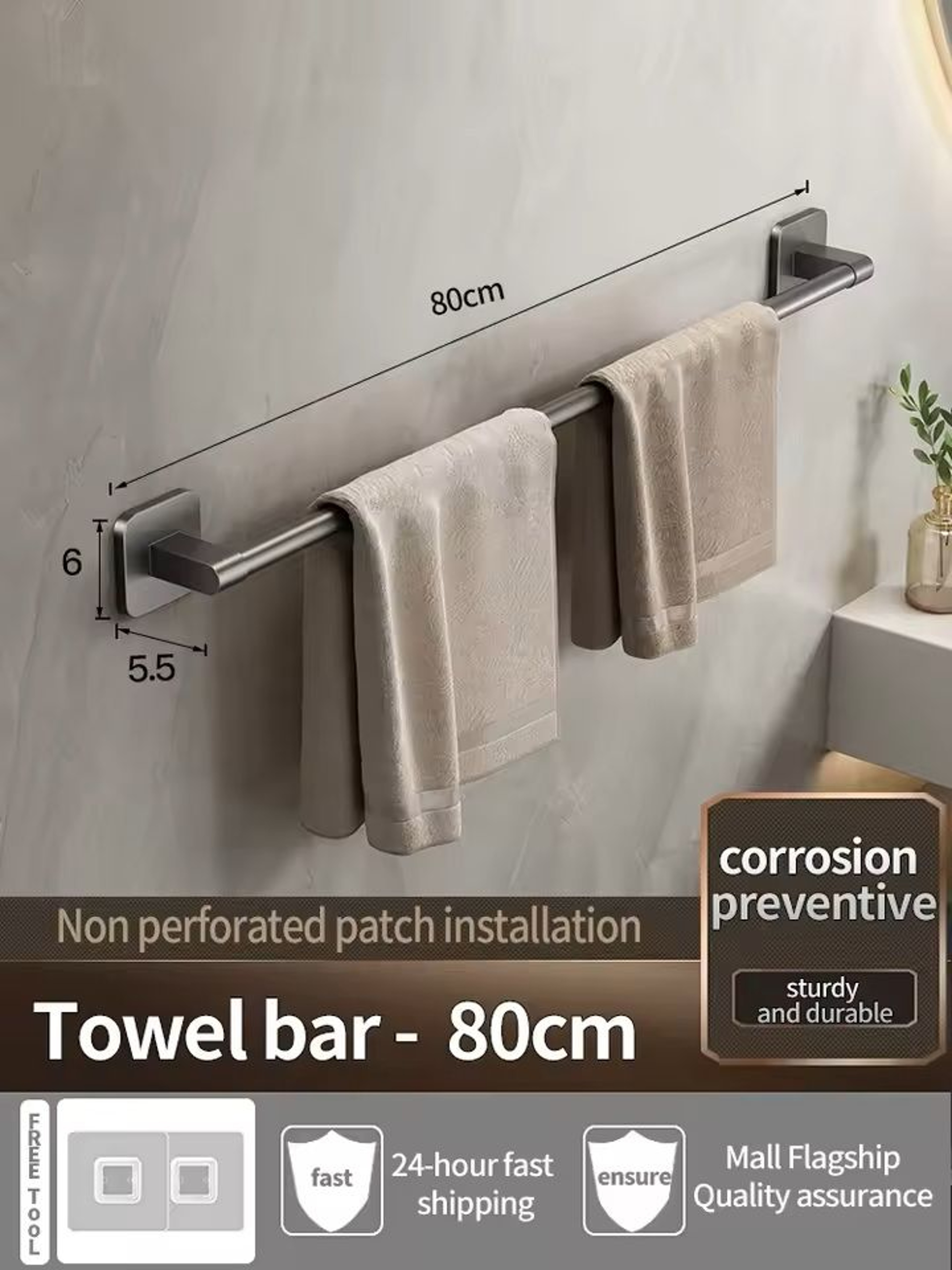 NoDrill SelfAdhesive Wall Towel Bar  Hook Rack Easy Mount Bathroom  Kitchen Organizer 8