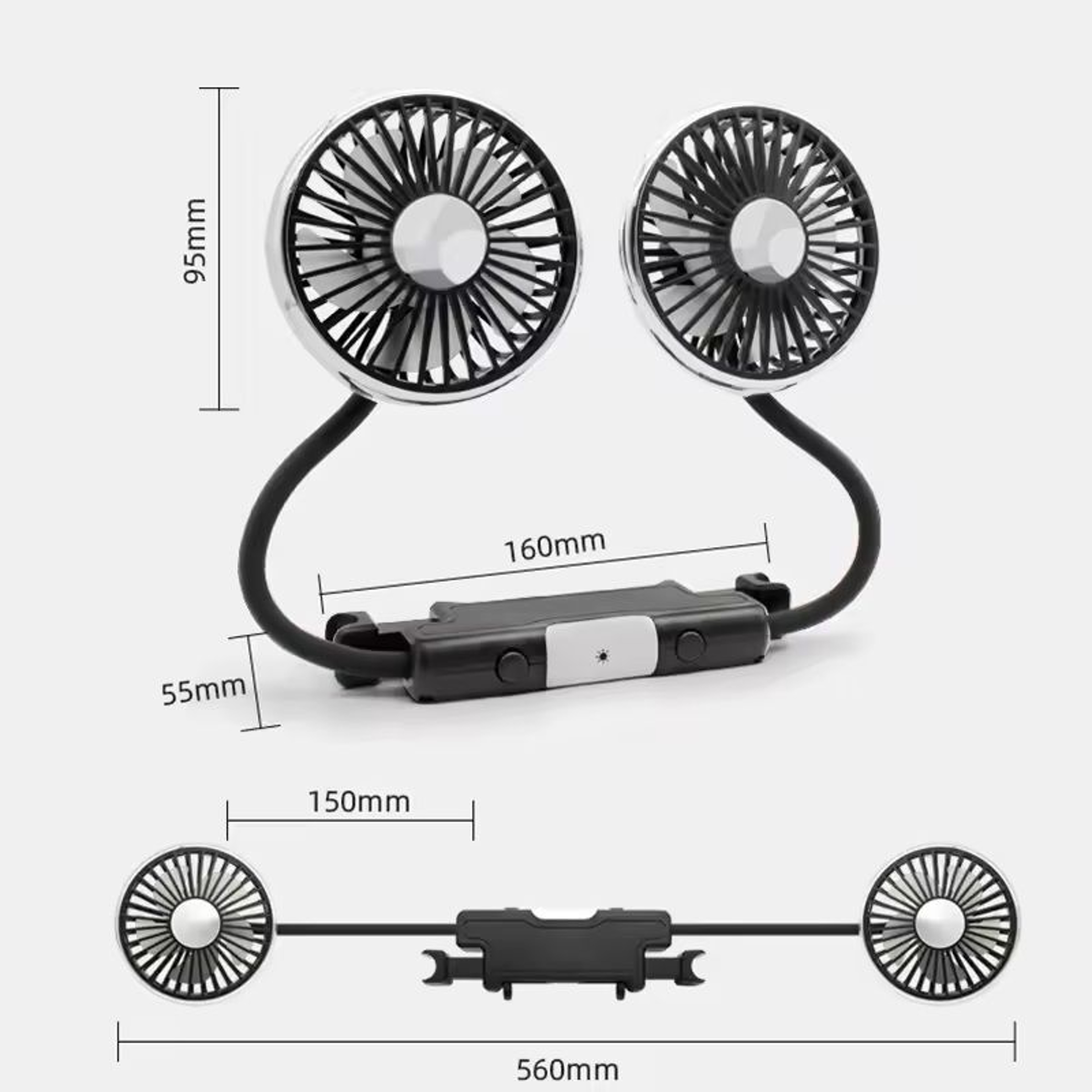 USB DualHead Car Fan 3Speed 360 Adjustable Cooling Fan For Rear Seat Pets  Kids Headrest Mount 1