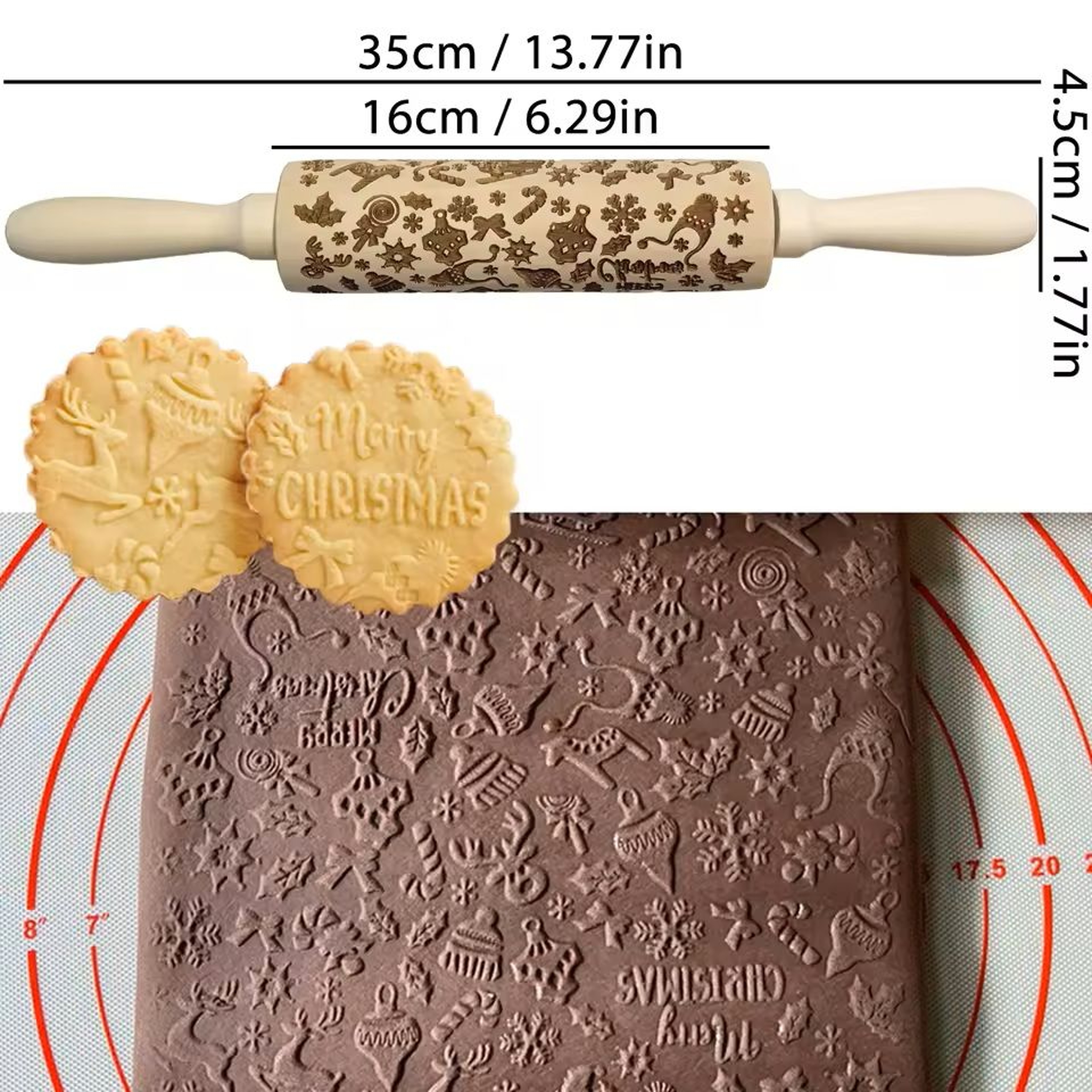 Christmas Embossed Wooden Rolling Pin  3D Engraved Holiday Cookie  Baking Roller 5