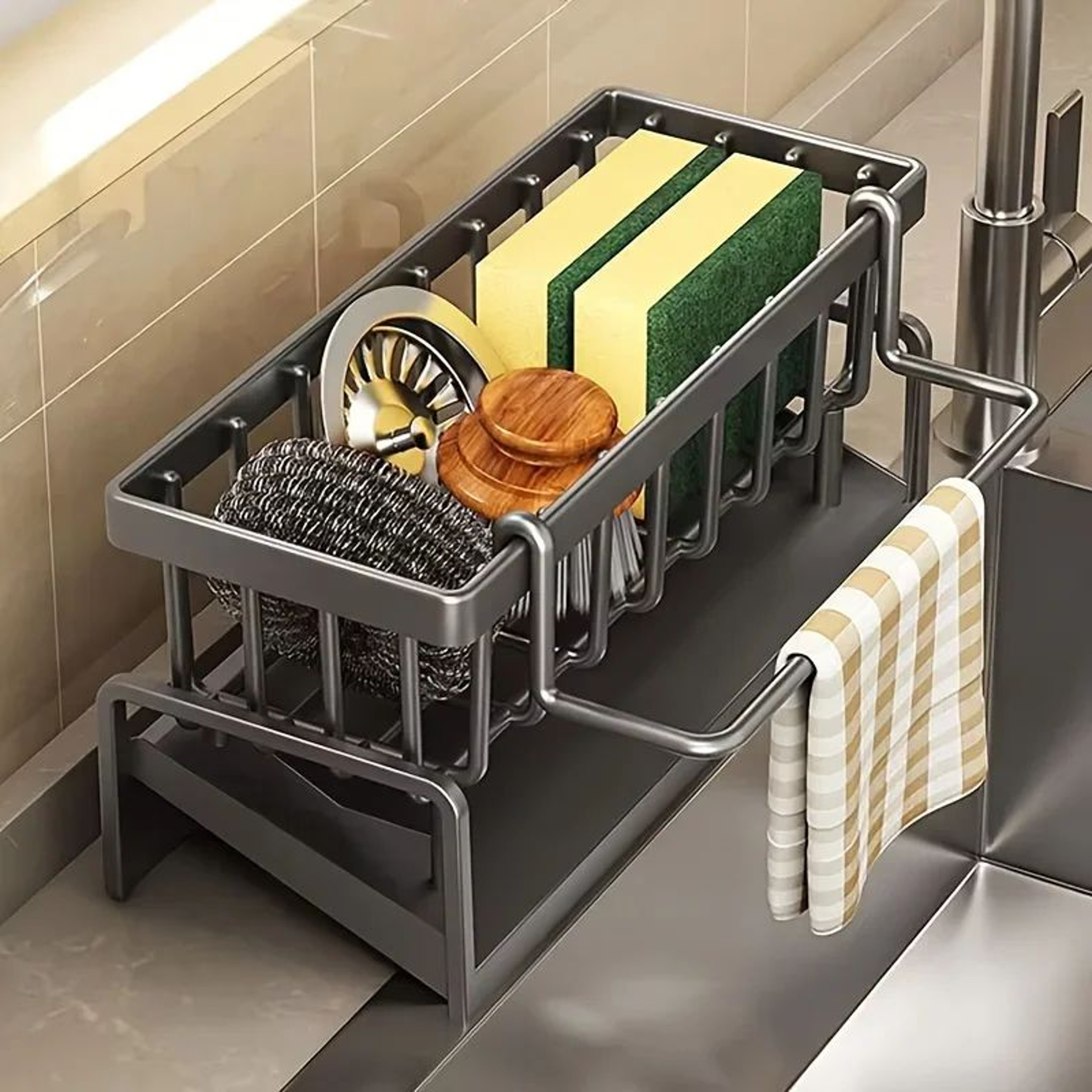 Kitchen Sink Sponge Holder With Auto Drain  Plastic Sink Caddy Organizer With Removable Brush Holde 1