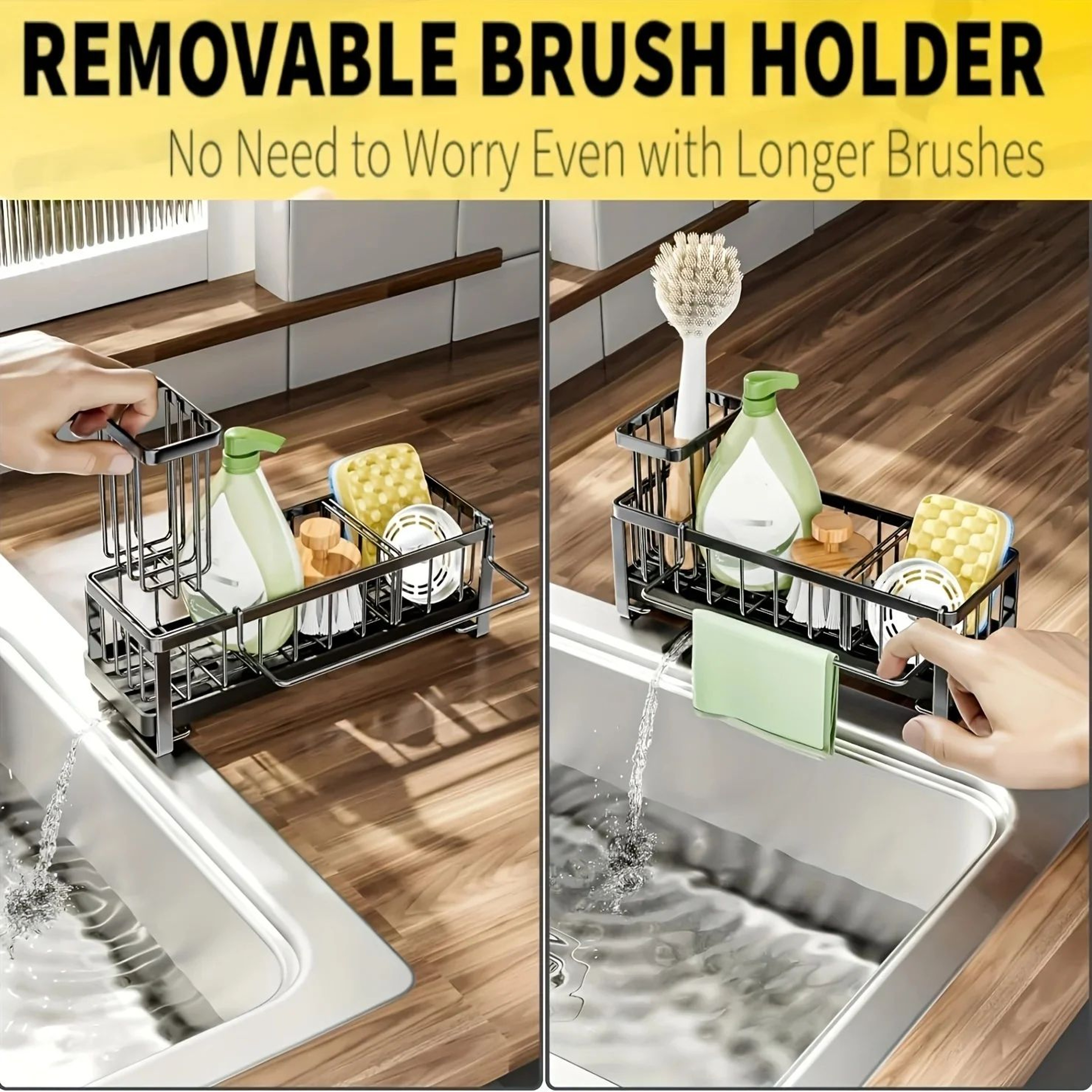 Kitchen Sink Sponge Holder With Auto Drain  Plastic Sink Caddy Organizer With Removable Brush Holde 4
