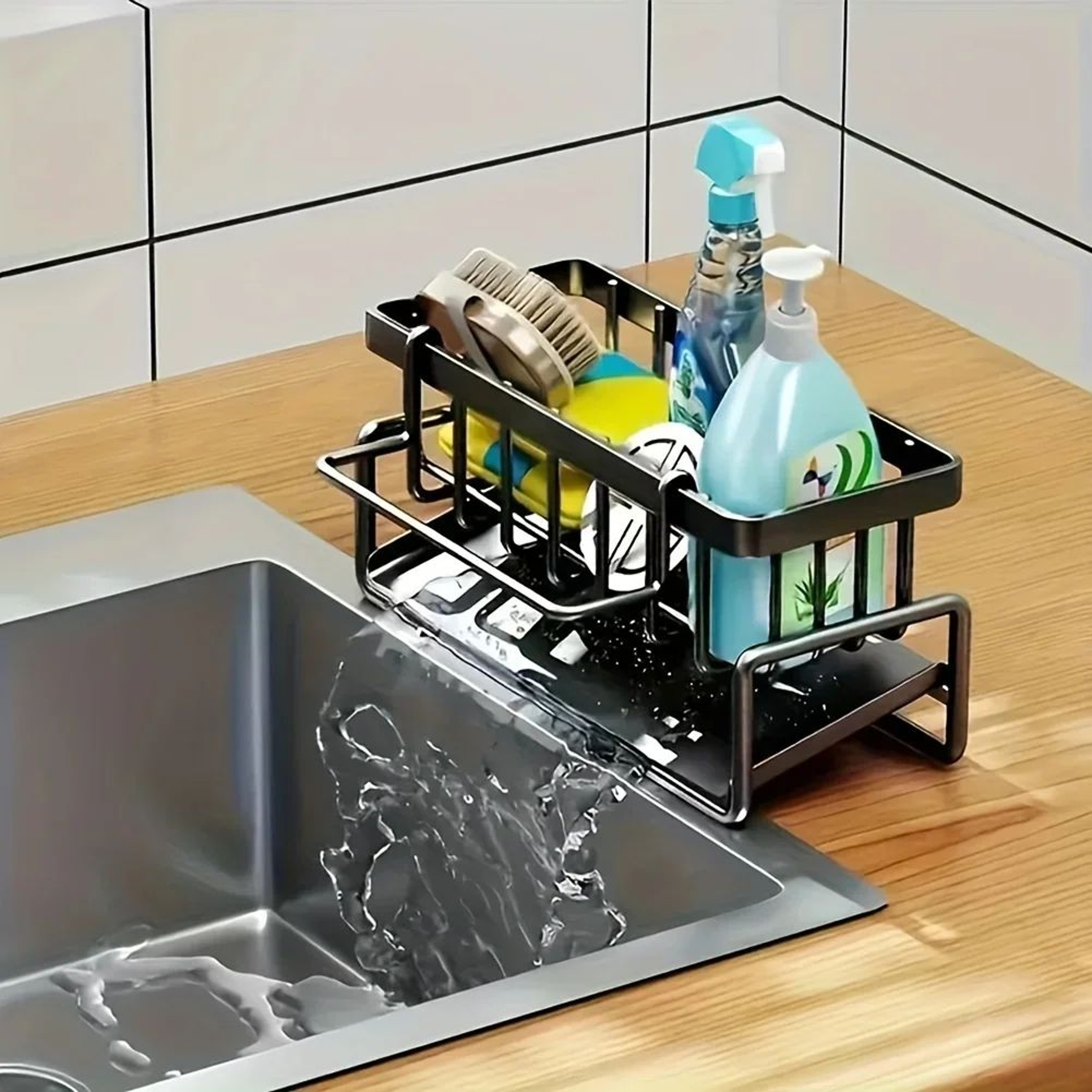 Auto Draining Kitchen Sink Sponge Holder  Plastic Sink Caddy Organizer With Removable Brush Holder 3