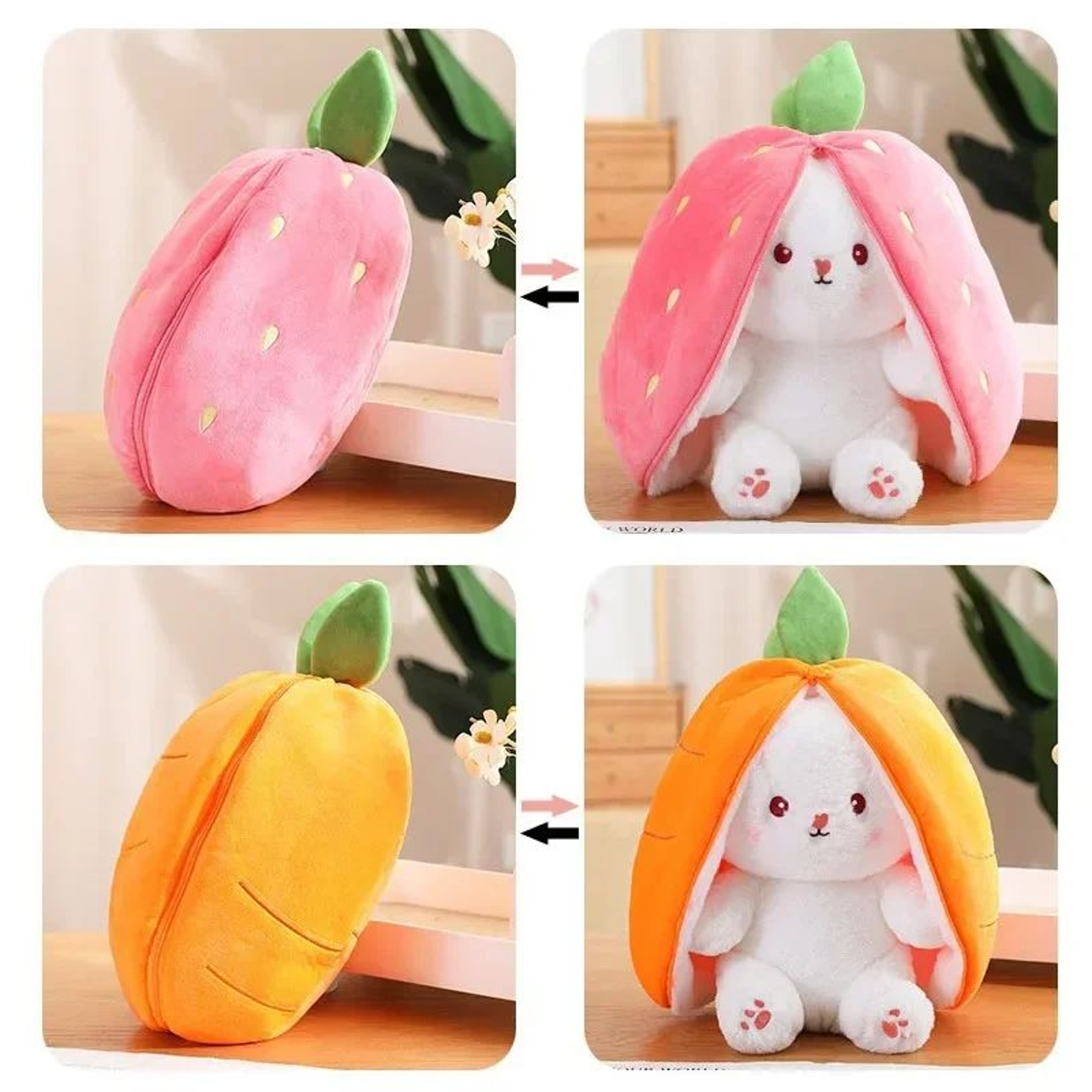Transformable Bunny Plush Toy  Cute Strawberry  Carrot Rabbit Stuffed Doll For Kids 5
