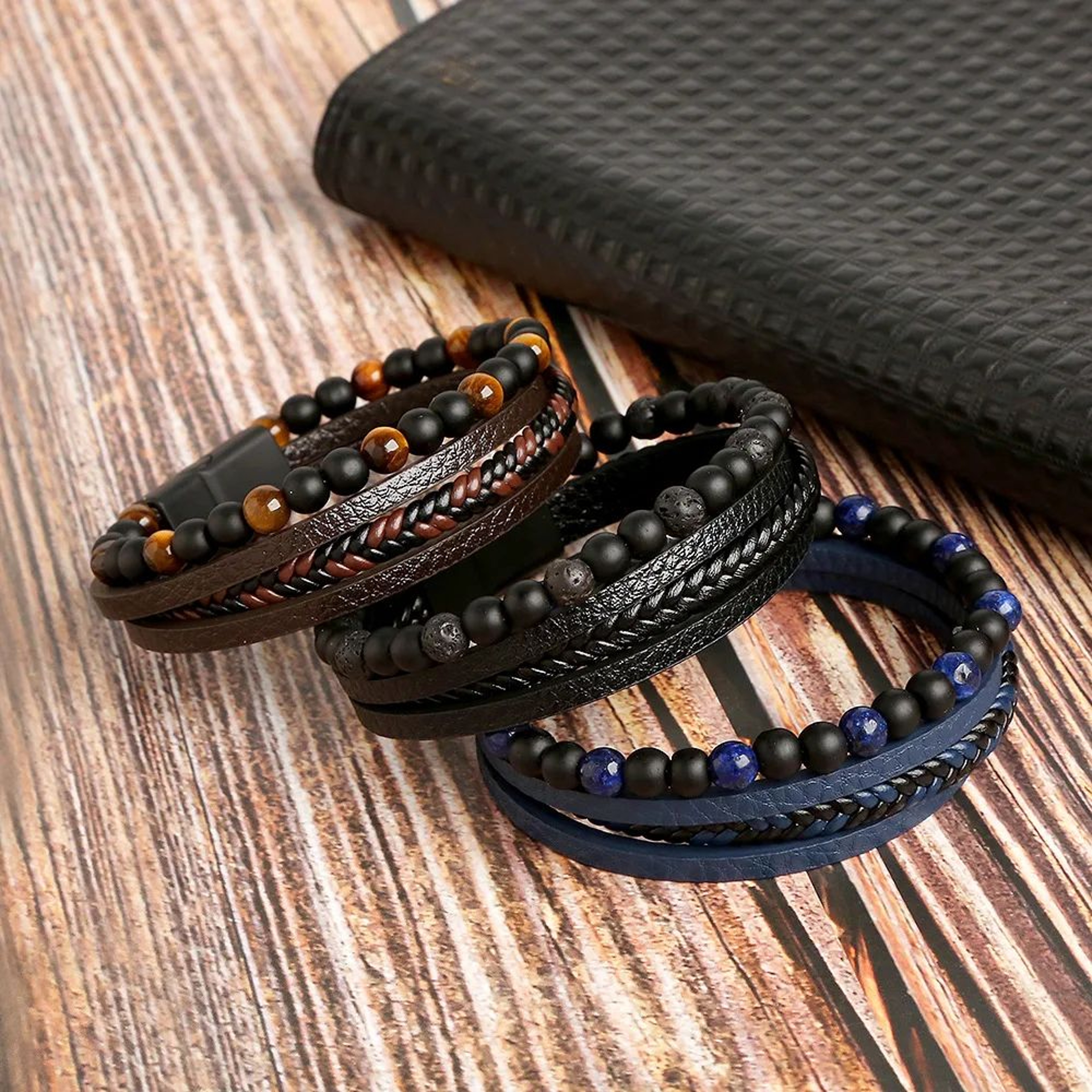 Mens Tiger Eye Beaded Leather Bracelet  MultiLayer Classic Handmade Fashion Jewelry Gift 5