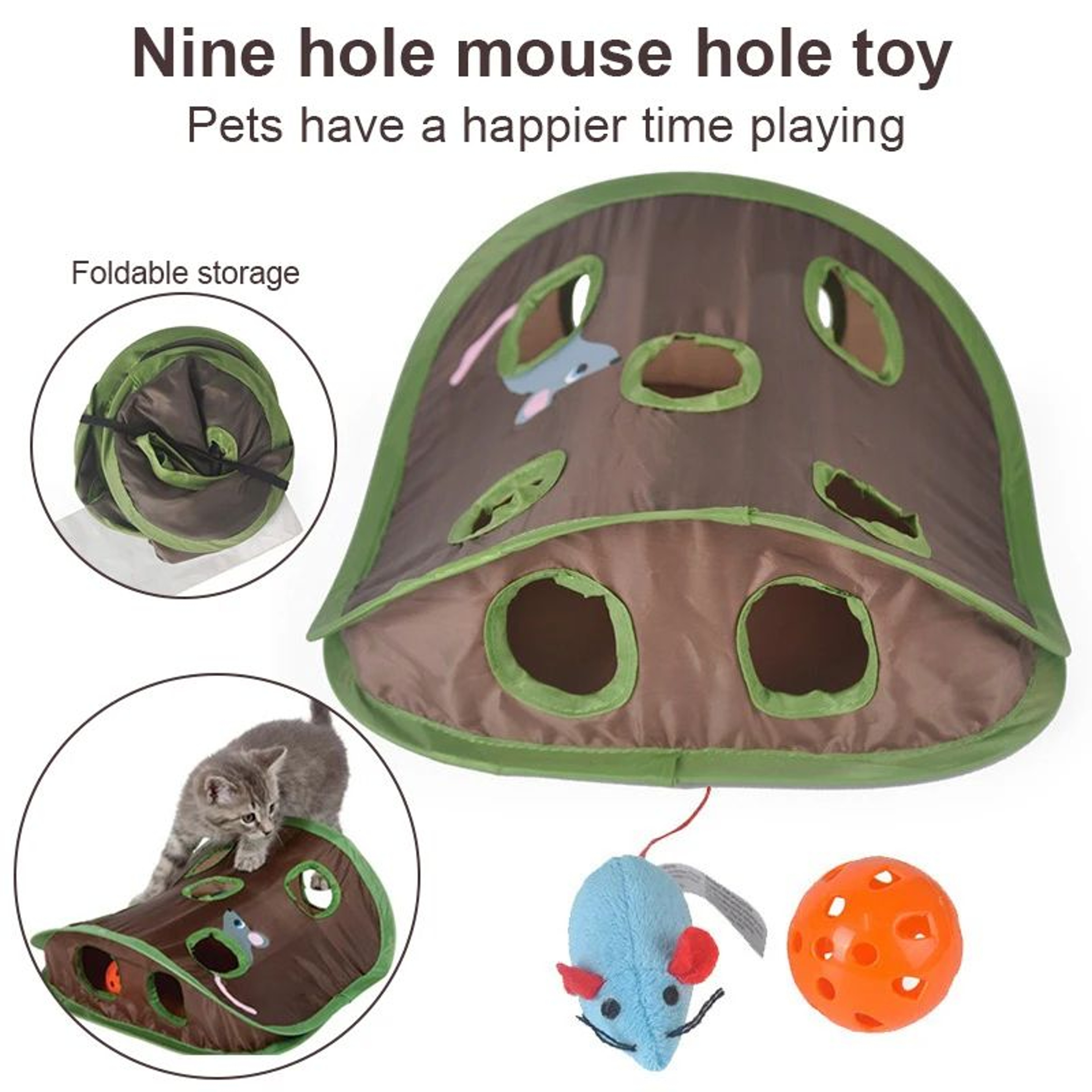 Folding 9Hole Cat Tunnel Toy  Interactive Plush Mouse Grab Ball  Bell For Play  Decompression 0