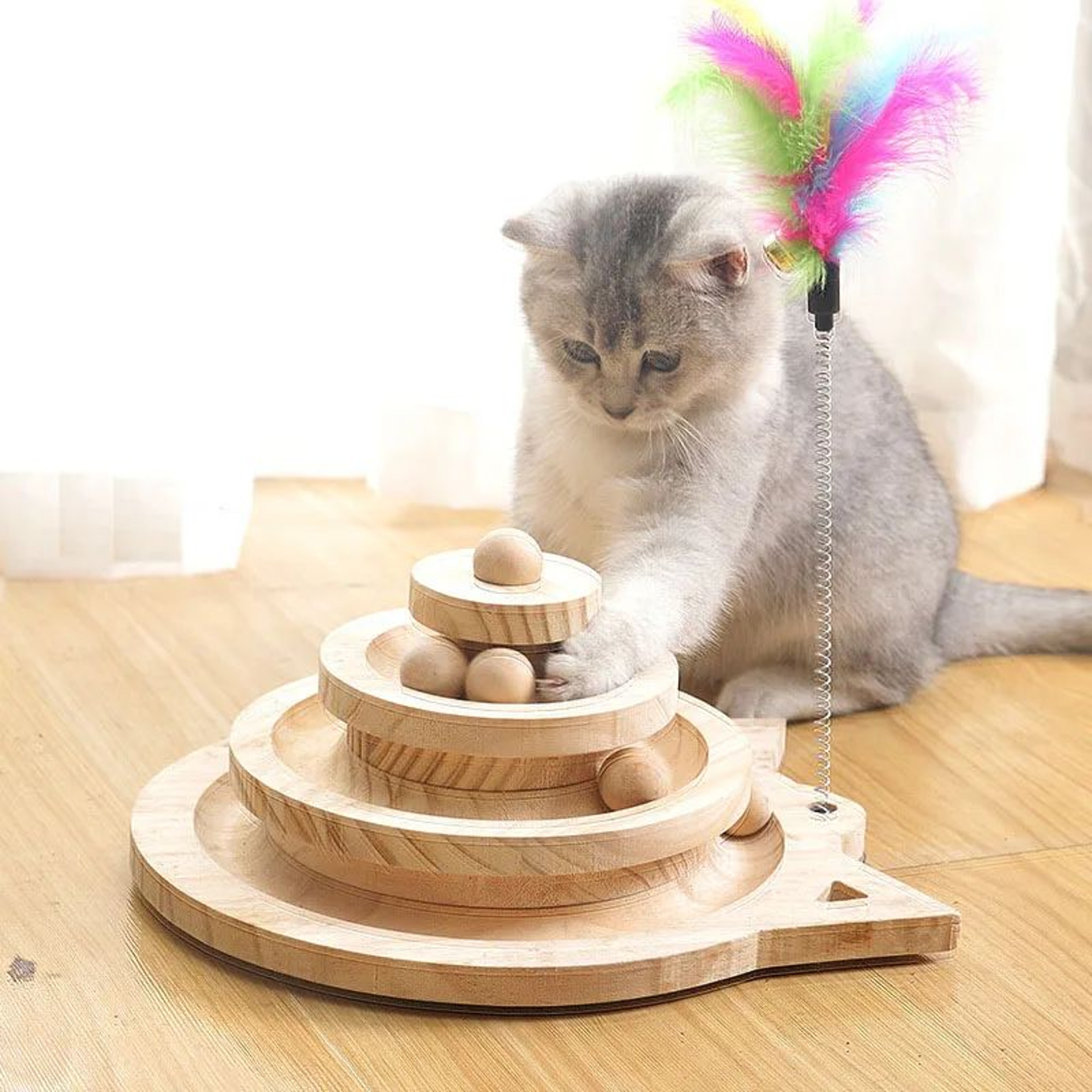 Wooden 23 Level Cat Track Toy Tower  Interactive Ball Disc Intelligence Training Toy 0