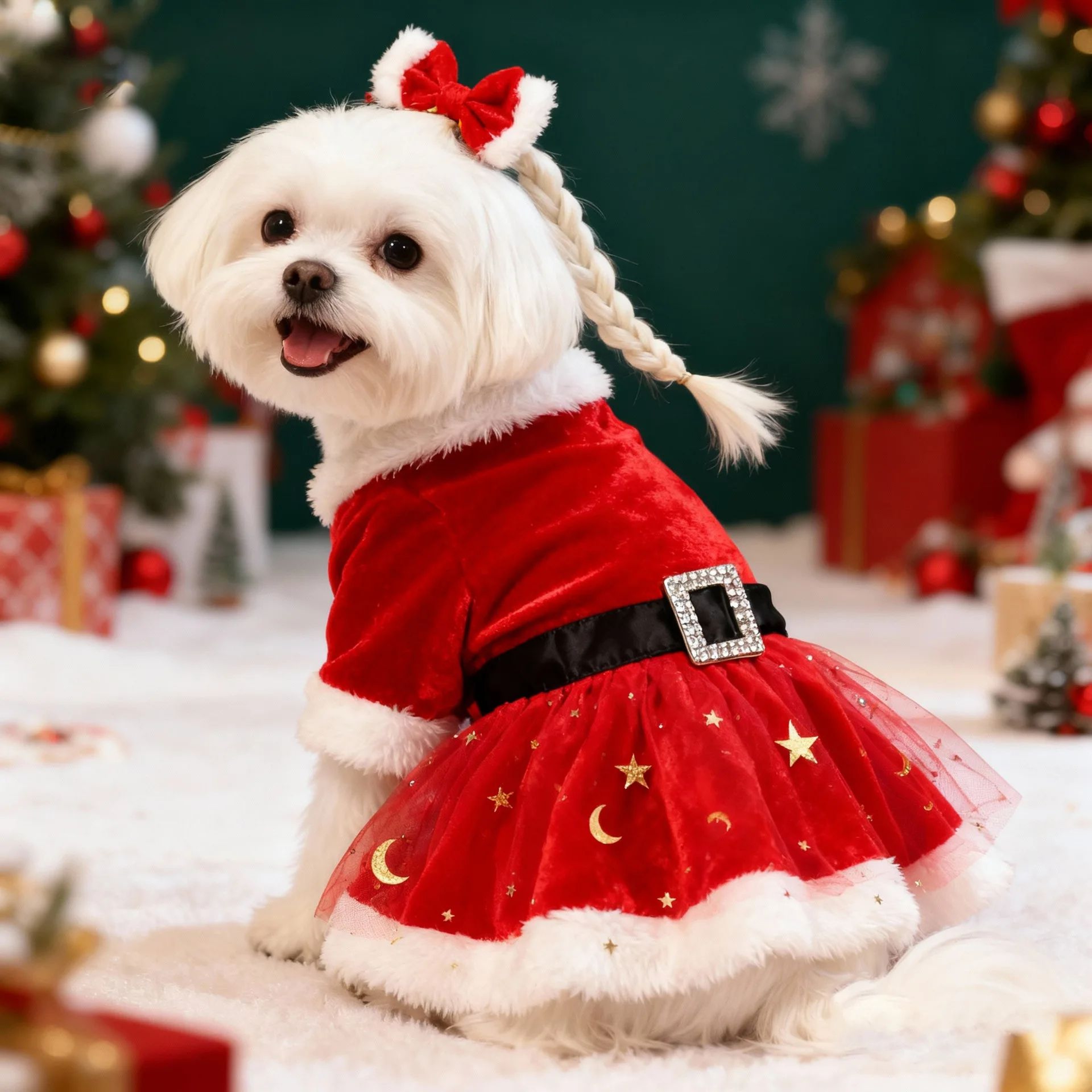 Santa Claus Dog Dress  Festive Red Mesh  Gold Velvet Christmas Costume For Pets Party  Holiday Dres 0