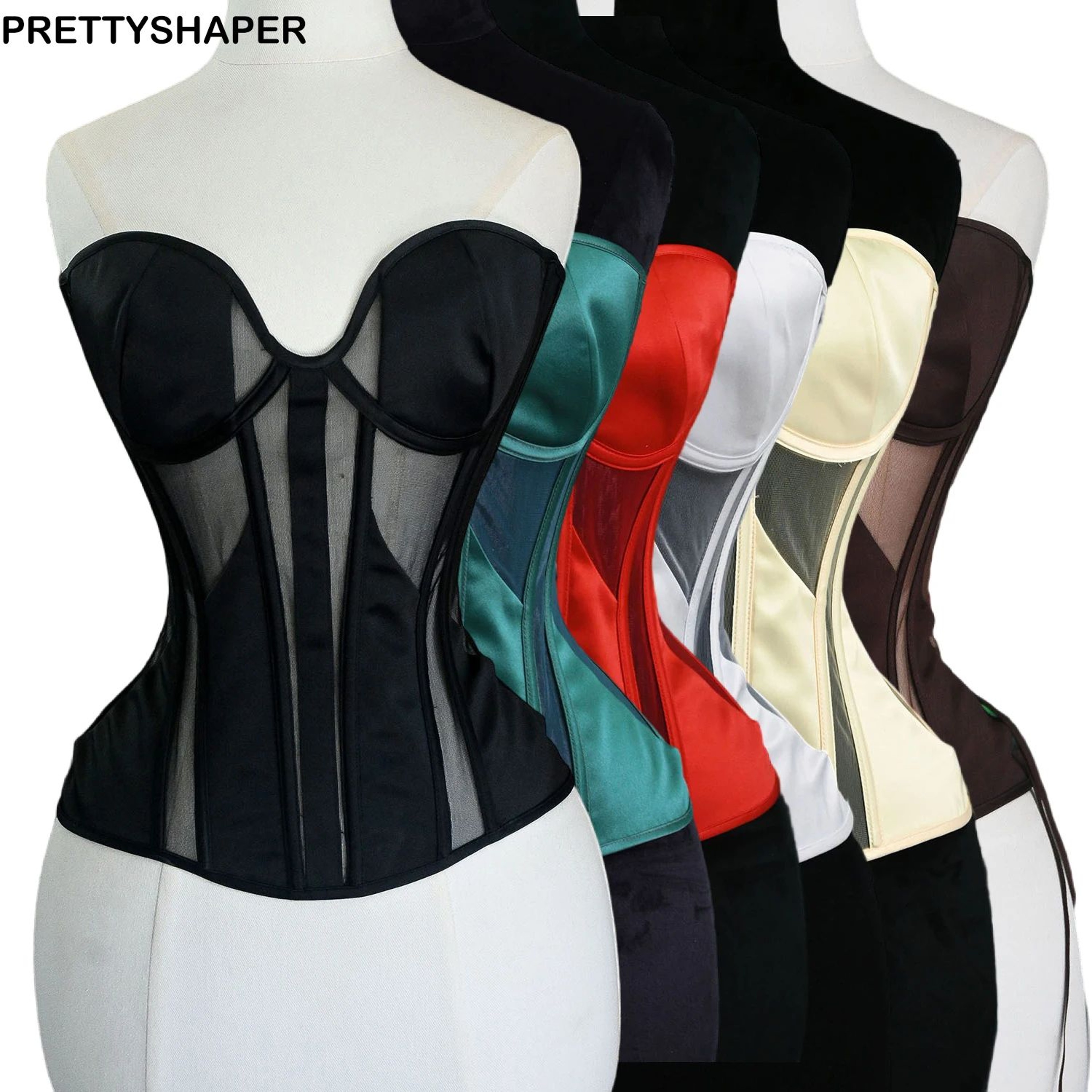 Women Tight Overbust Corset Bustier  Transparent Mesh Steel Boned LaceUp Shaping Top For Waist Slim 0