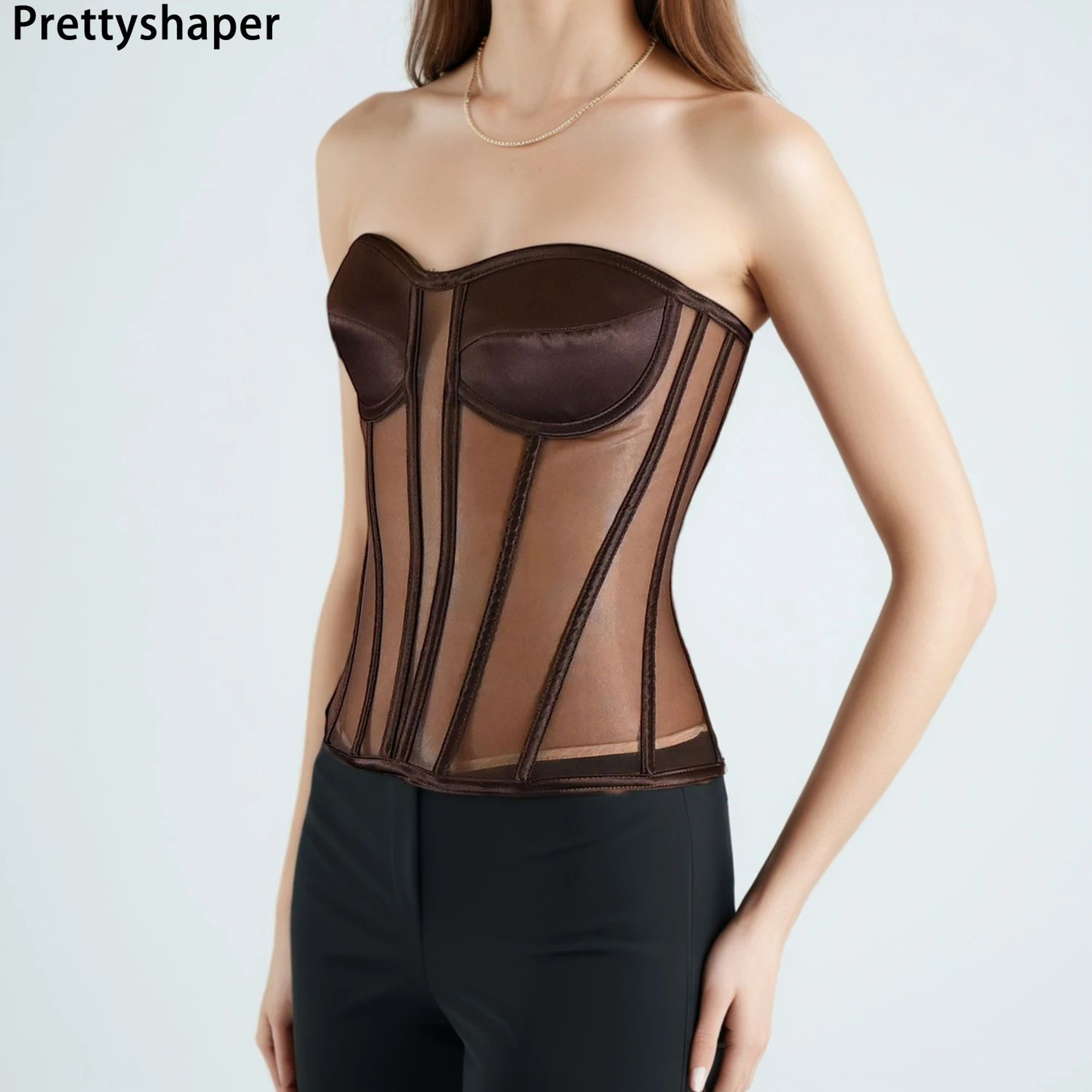 Womens Strapless Mesh Overbust Corset Bustier With Cups  Boned LaceUp Waist Slimming Wedding Shapin 1