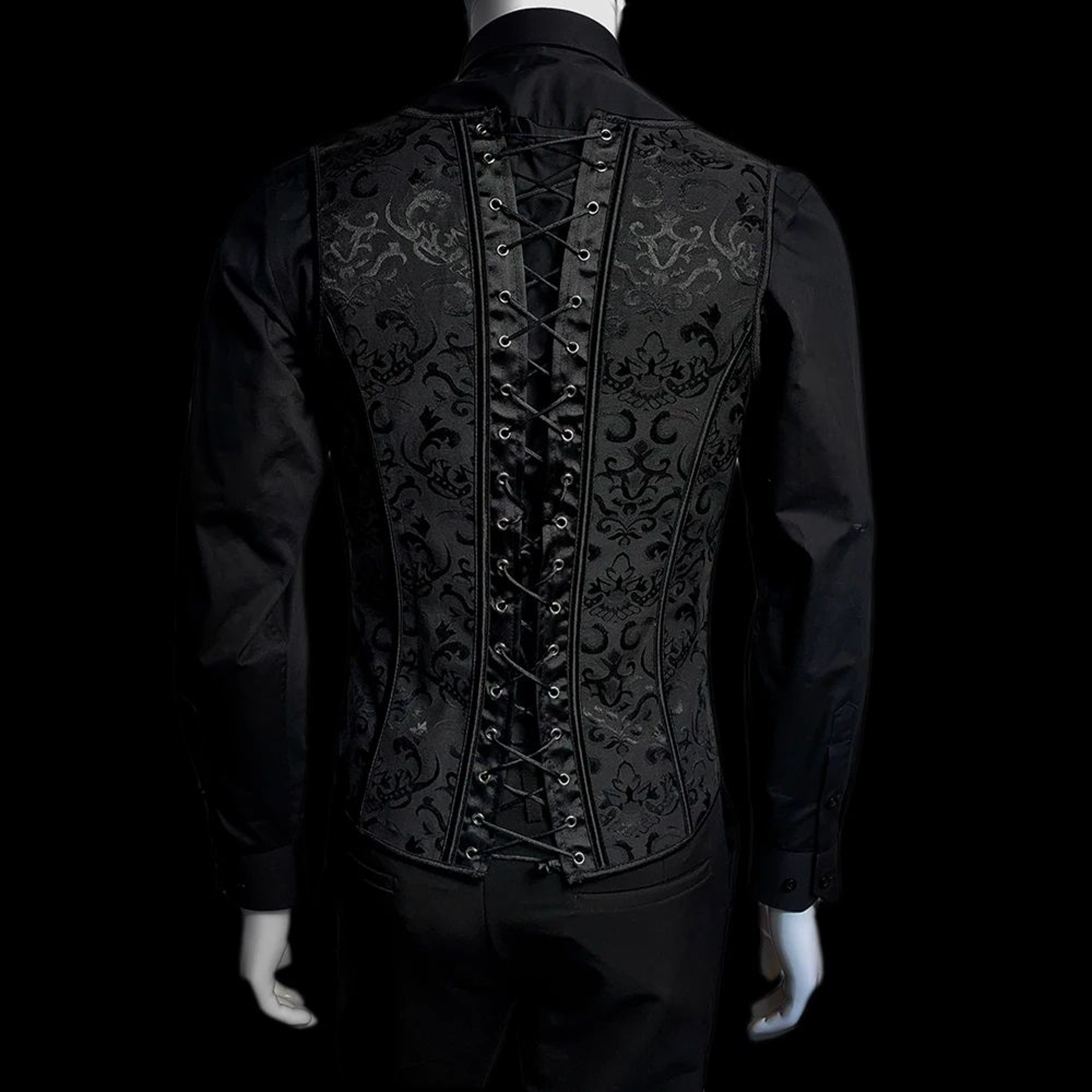 Mens LaceUp Boned Corset Waistcoat Vest  Slim Waist Shaping VNeck Black Print Formal Wedding  Stage 2