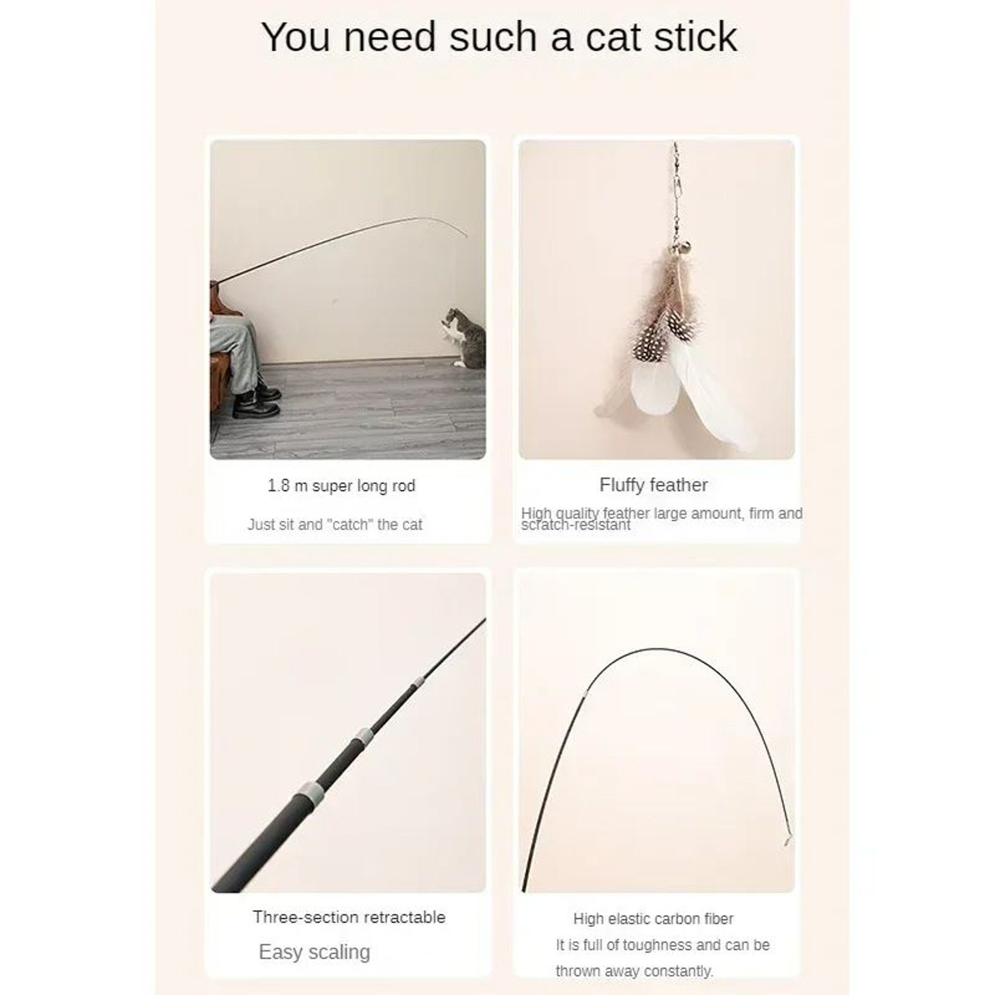 709 In Telescopic Feather Wand Cat Toy  Carbon Fiber ExtraLong Teaser Stick For Interactive Play Sc 2