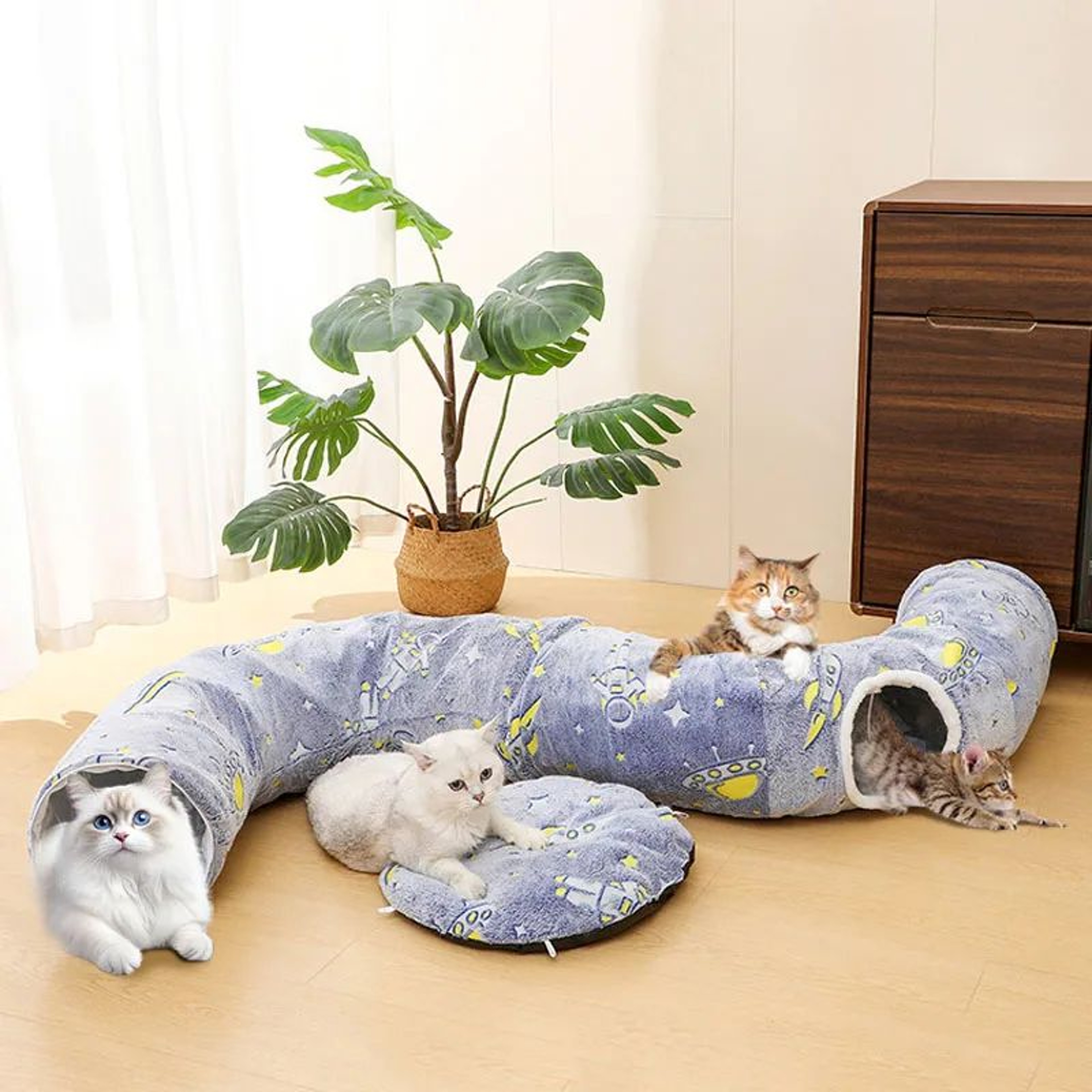 Foldable Cat Tunnel Bed With Peekaboo Cave  Washable Winter Playhouse With 4 Entry Points For Kitte 1