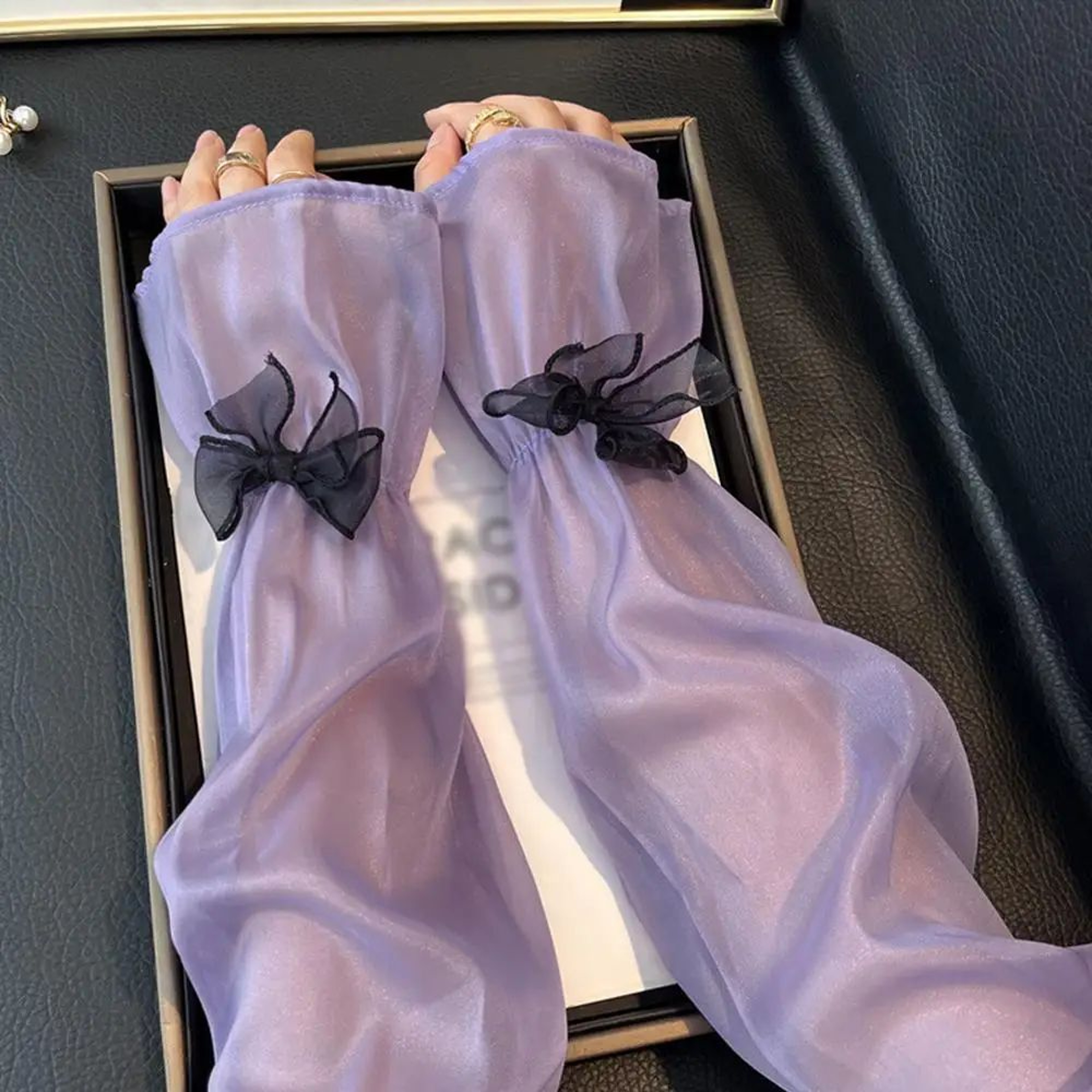 Ice Silk UV Protection Sheer Arm Sleeves With Bow Tie  Lolita Fingerless Sunscreen Gloves For Women 3