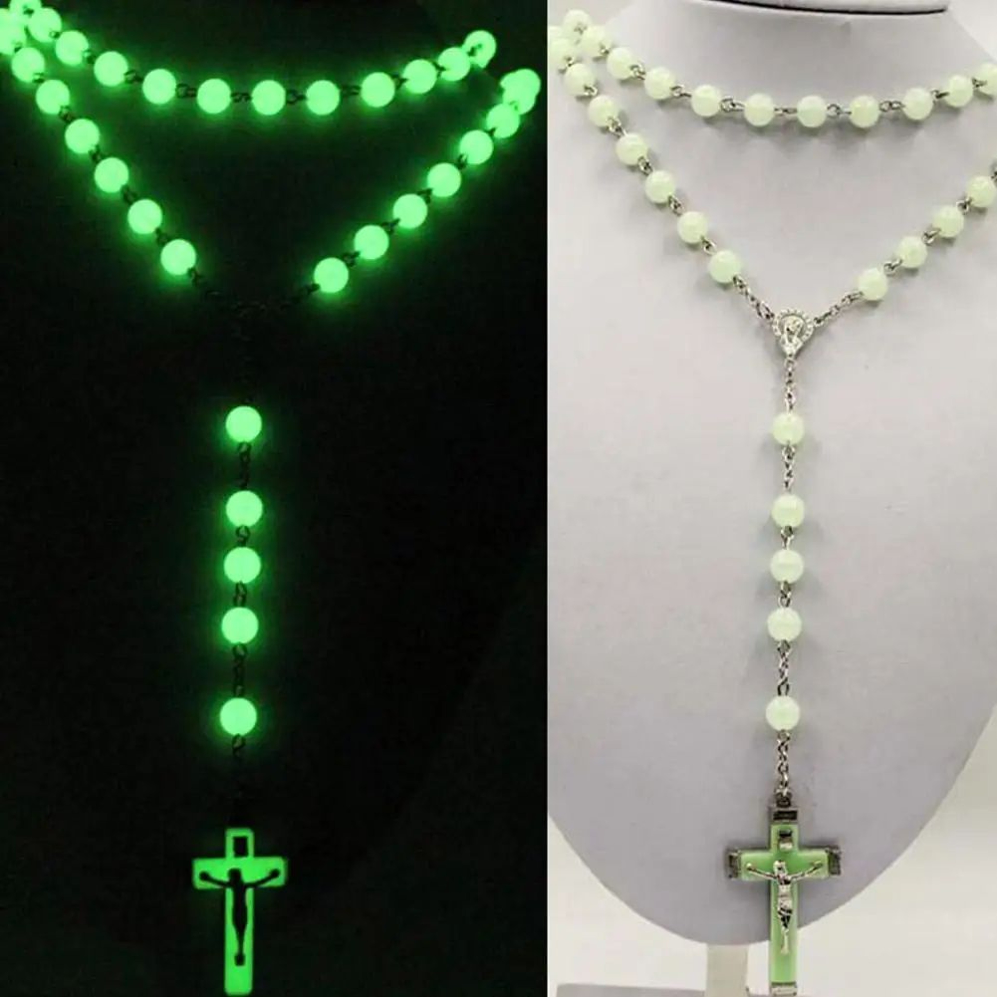 GlowintheDark Catholic Rosary Necklace With Cross Pendant  Luminescent Jesus Prayer Beads Chain For 5