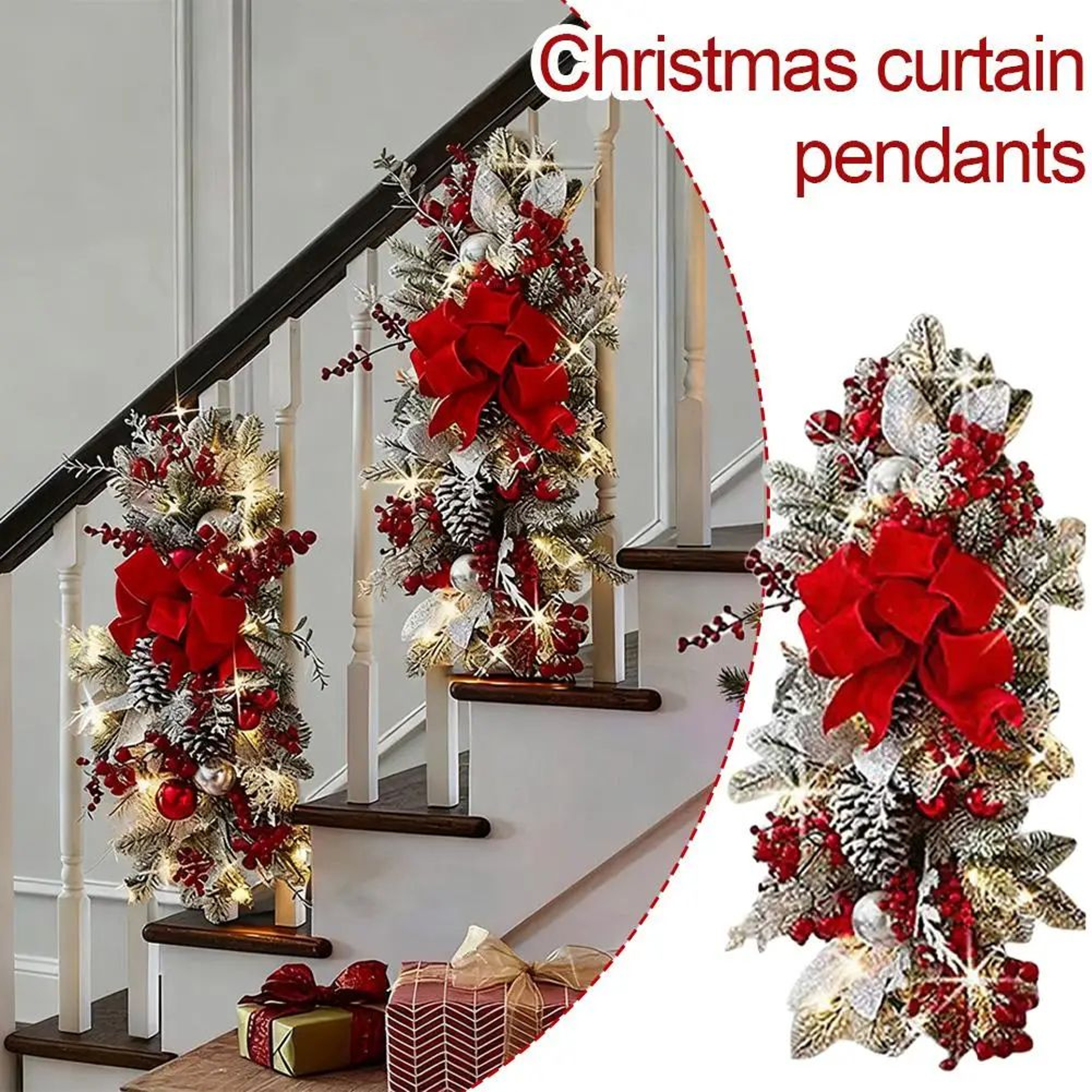 Pre Lit Christmas Staircase Garland Swag With Red Bows  Lighted Holiday Stairway  Door Decor Greene 0
