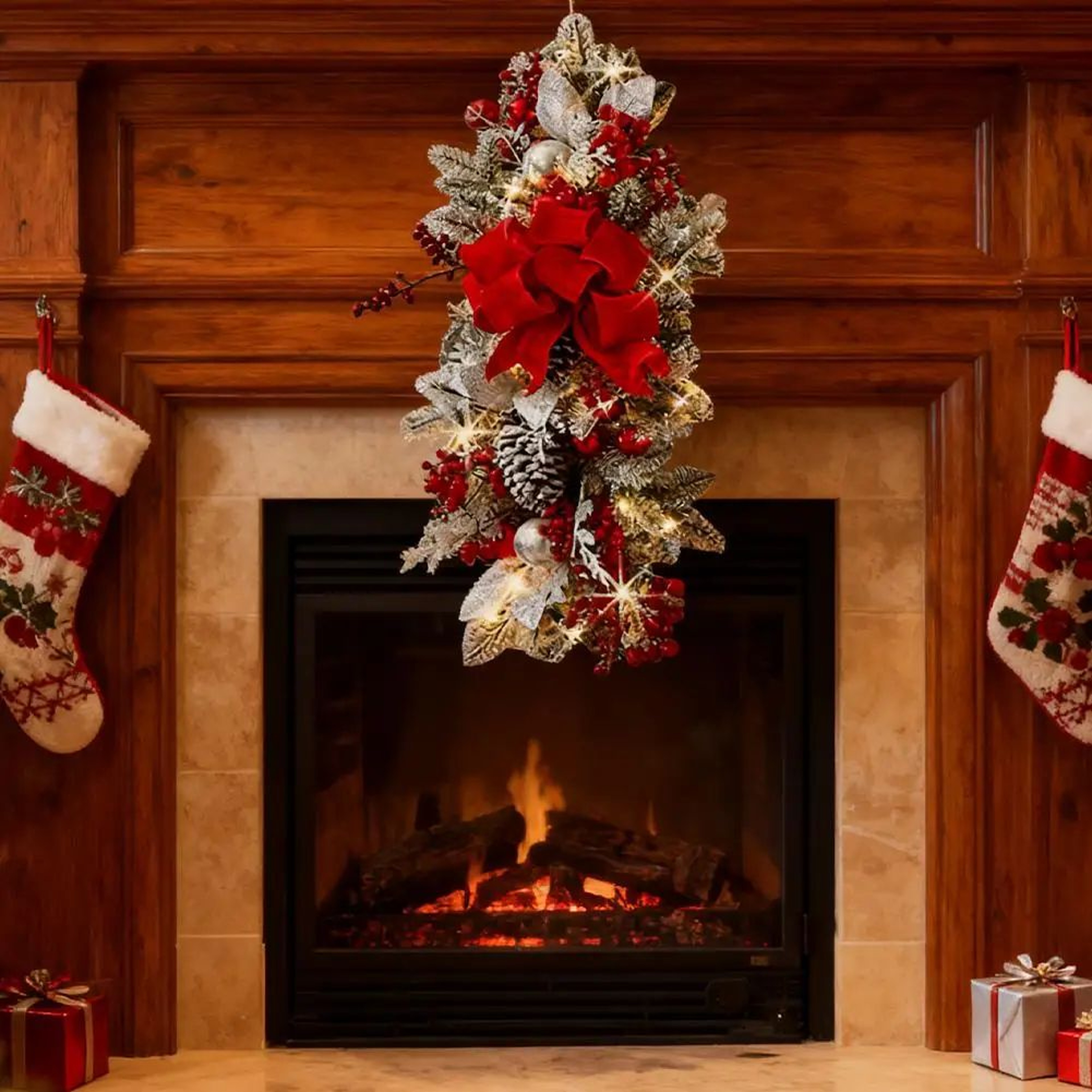 Pre Lit Christmas Staircase Garland Swag With Red Bows  Lighted Holiday Stairway  Door Decor Greene 2