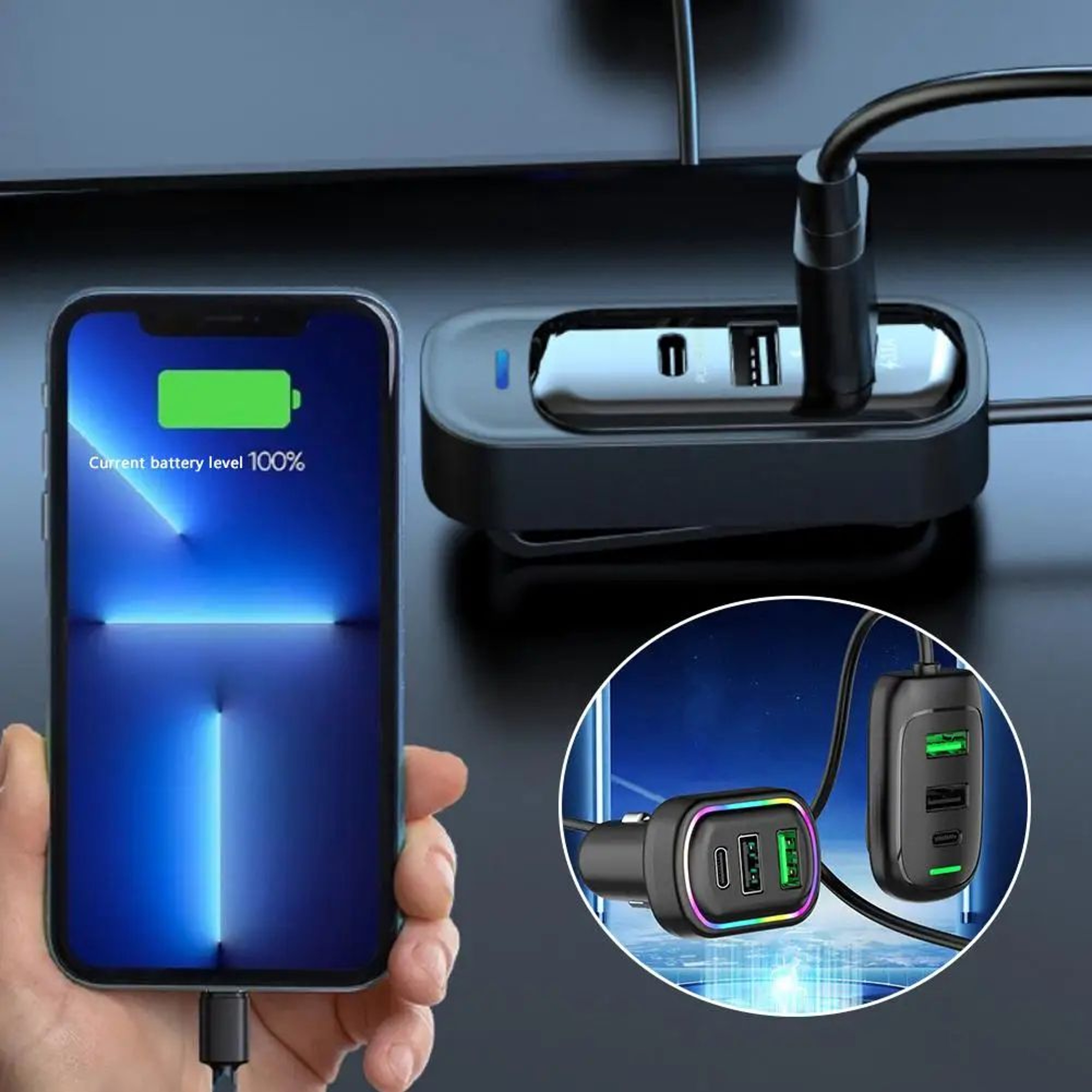 48W 6Port Car Charger With USBC PD Fast Charging  MultiDevice Cigarette Lighter Adapter With RGB Li 4