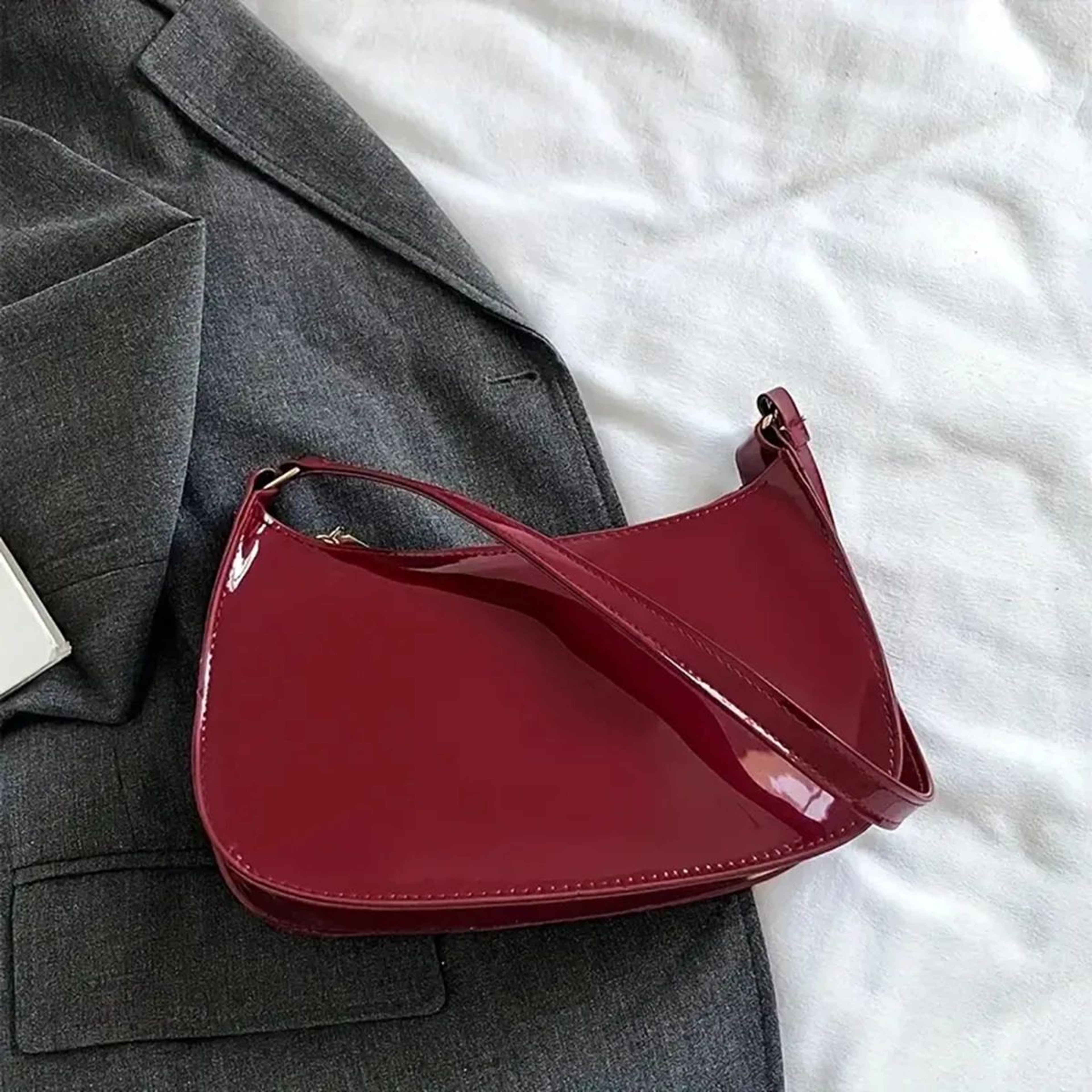 Luxury Retro Red Patent Leather Shoulder Bag  Chic Underarm Handbag  Small Baguette Purse For Women 5
