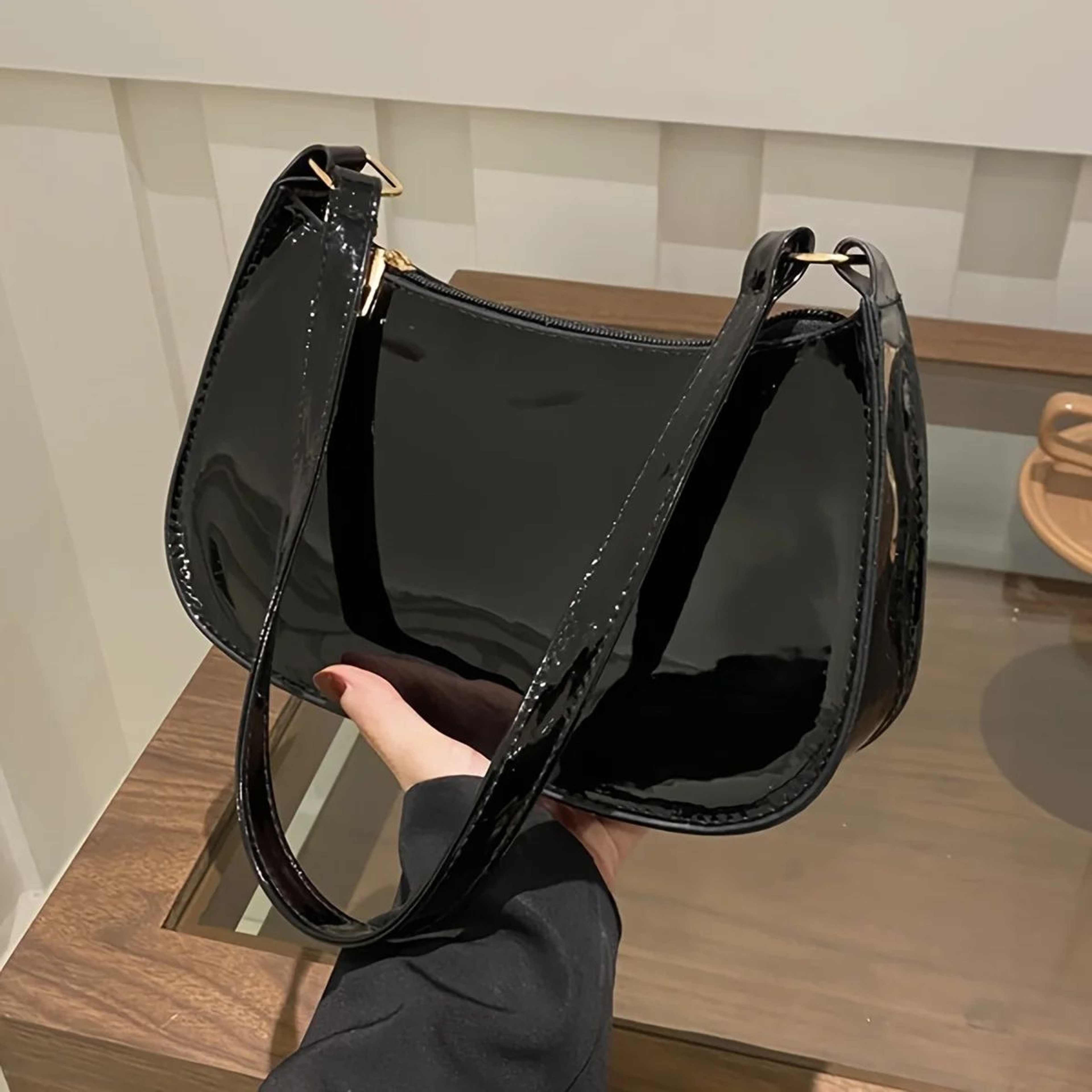 Luxury Retro Red Patent Leather Shoulder Bag  Chic Underarm Handbag  Small Baguette Purse For Women 6