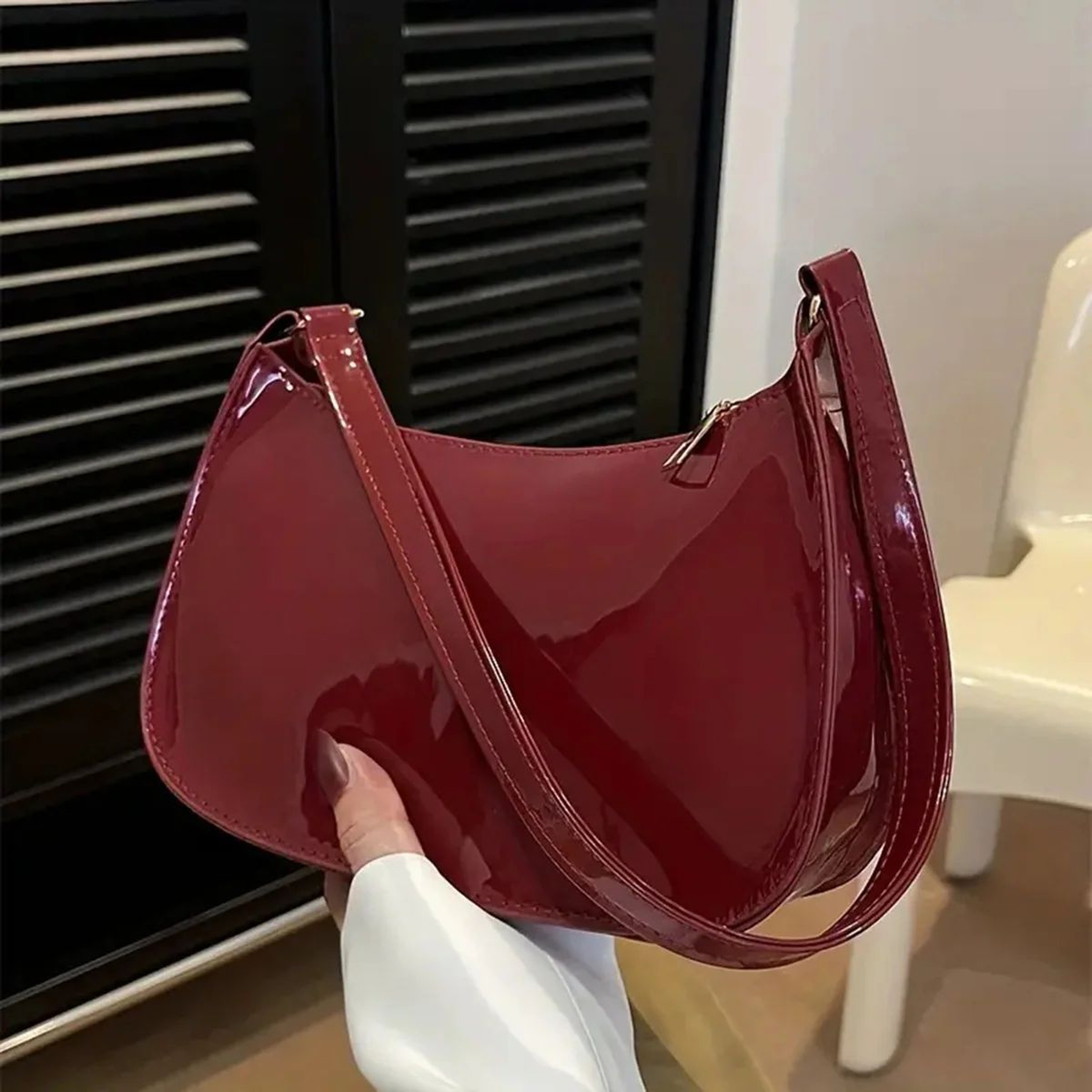 Luxury Retro Red Patent Leather Shoulder Bag  Chic Underarm Handbag  Small Baguette Purse For Women 7
