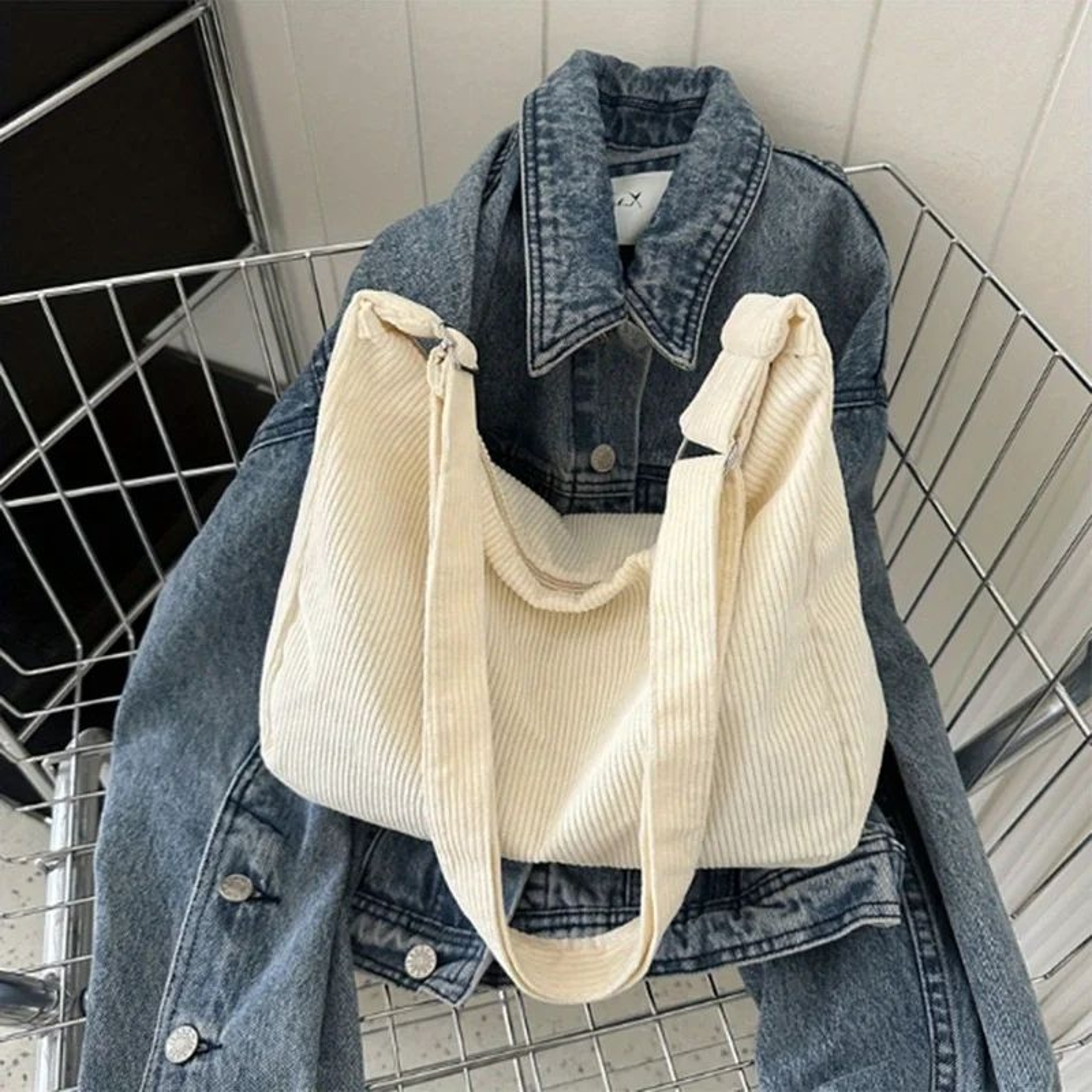 Japanese Style Corduroy Tote Bag  Large Capacity Casual Shoulder Bag For Women Commute College  Eve 4