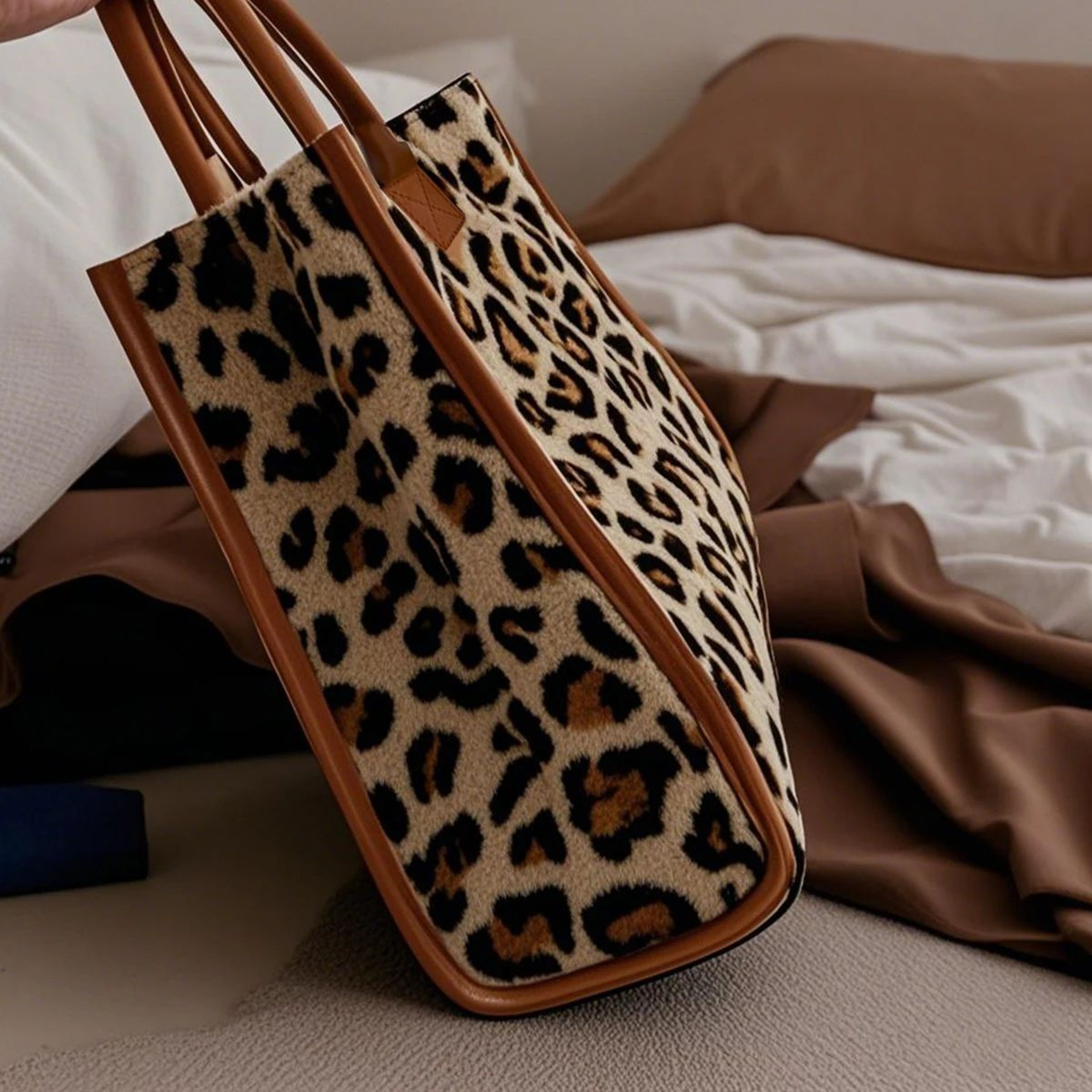 Yellow Leopard Print Plush Tote Bag For Women  Autumn Winter Fashion Shoulder Handbag Soft Faux Fur 4