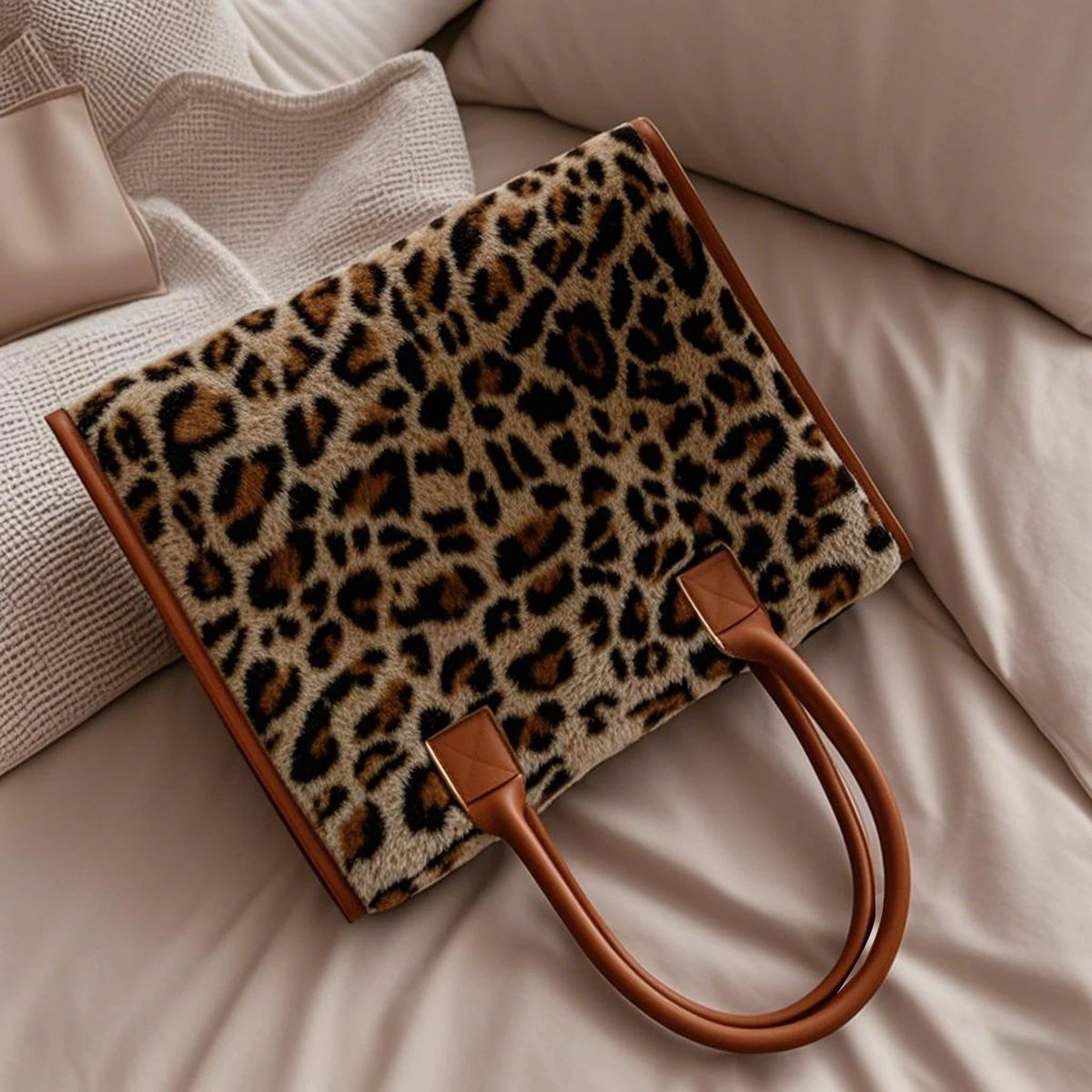 Yellow Leopard Print Plush Tote Bag For Women  Autumn Winter Fashion Shoulder Handbag Soft Faux Fur 5