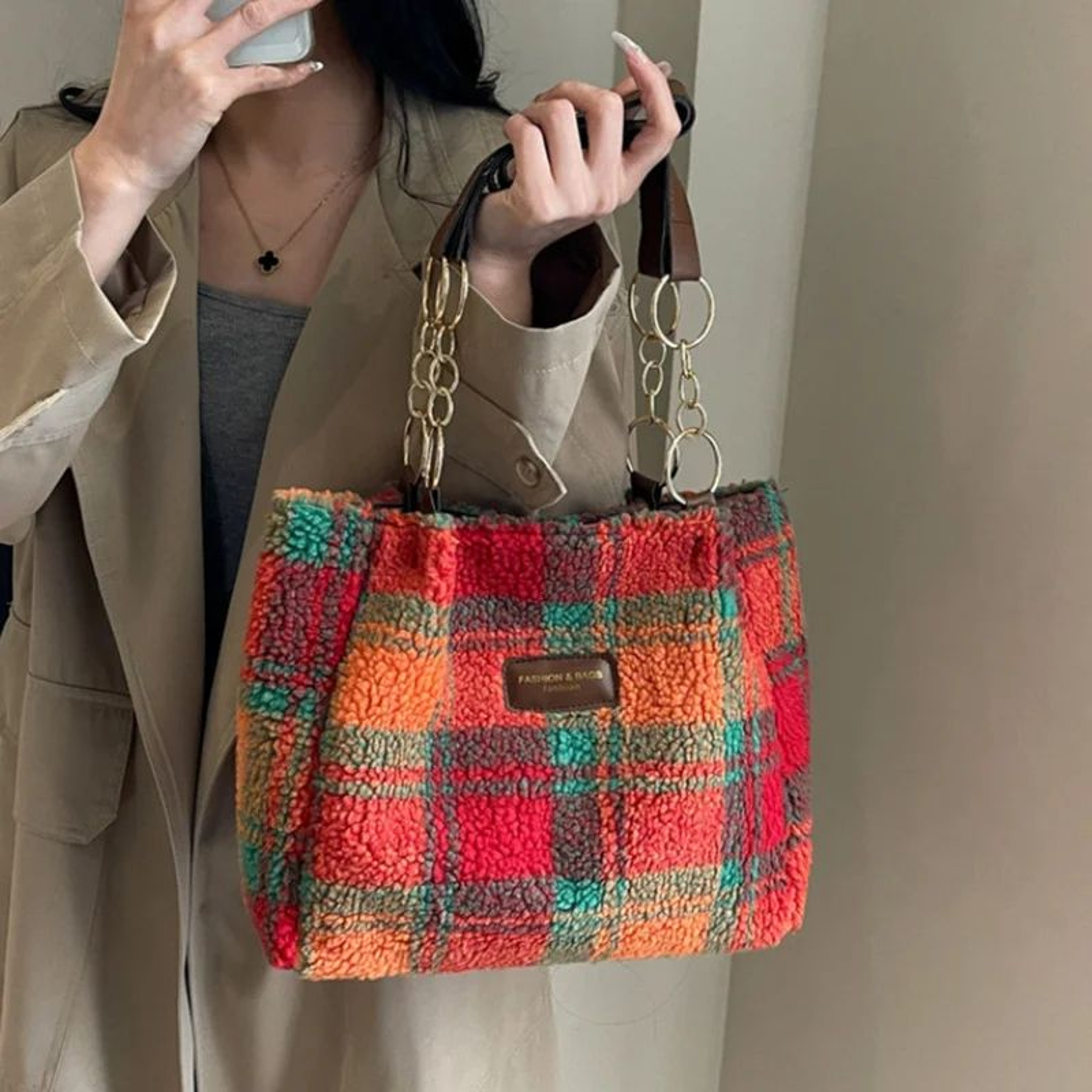 Red Plaid Lambswool Shoulder Tote Bag For Women  Large Capacity Autumn Winter Underarm Purse Cozy S 1