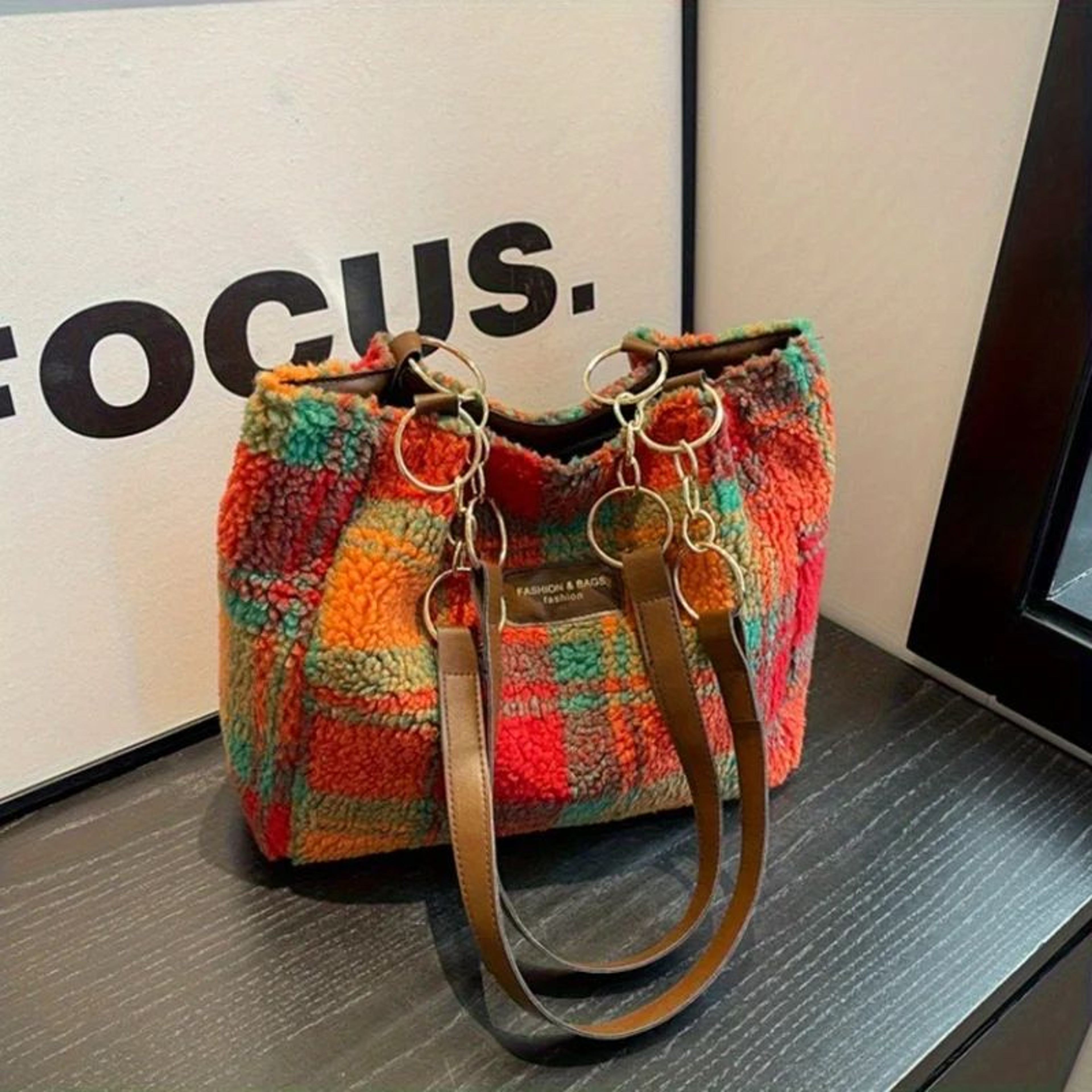 Red Plaid Lambswool Shoulder Tote Bag For Women  Large Capacity Autumn Winter Underarm Purse Cozy S 4