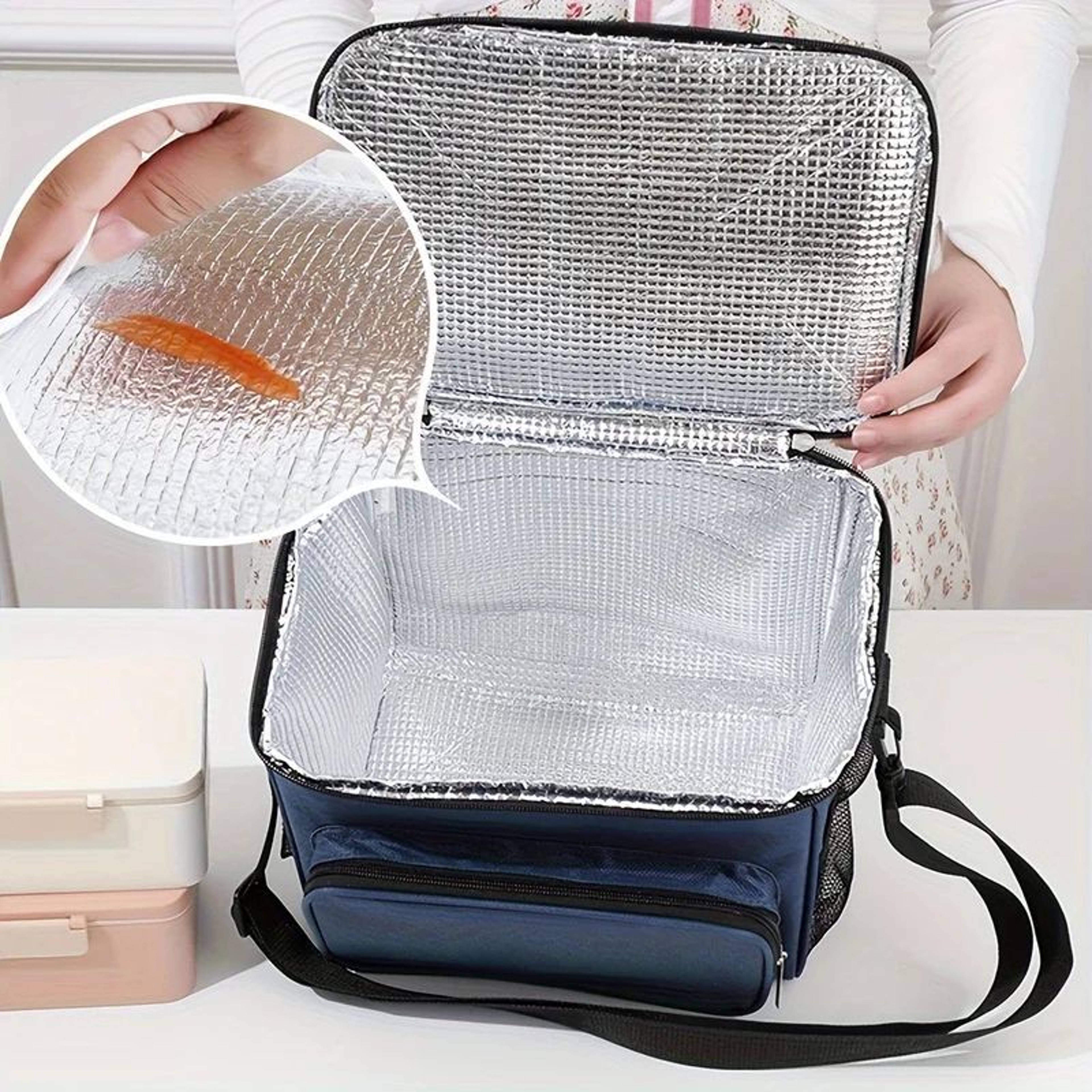 Large Capacity Insulated Tote Lunch Bag With Crossbody Strap  Aluminum Foil Thermal Picnic Cooler B 2