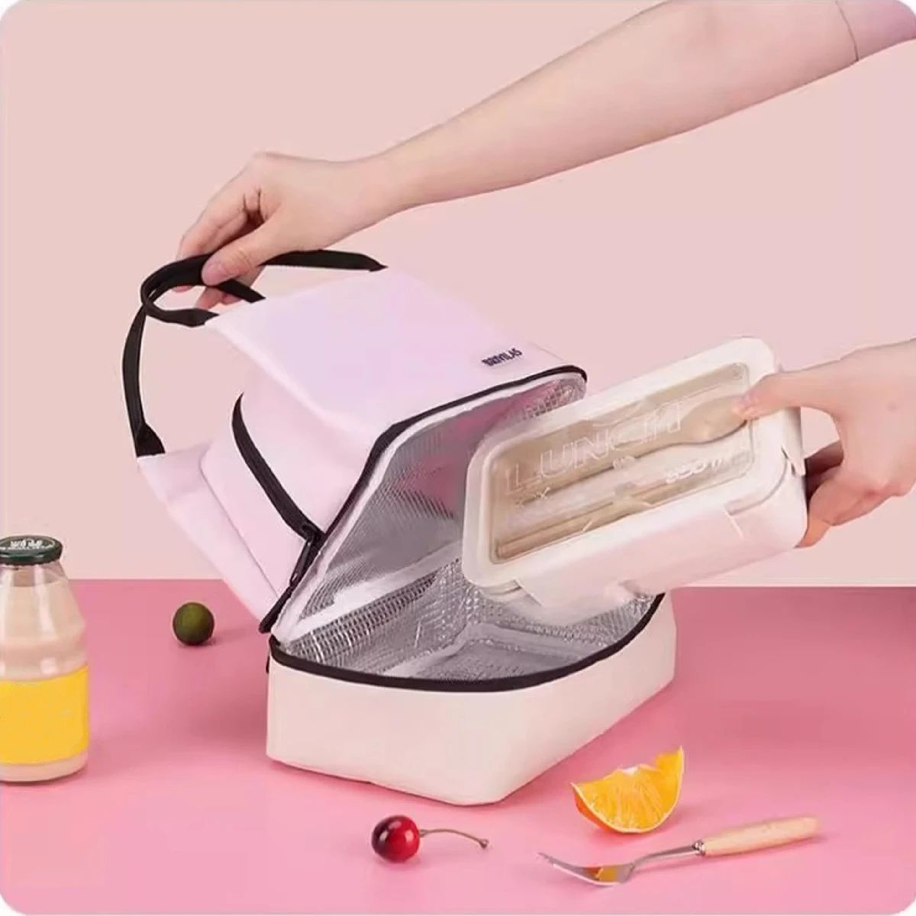 Pink DoubleLayer Insulated Lunch Bag  Large Capacity Aluminum Foil Thermal Cooler Tote Portable Ice 0